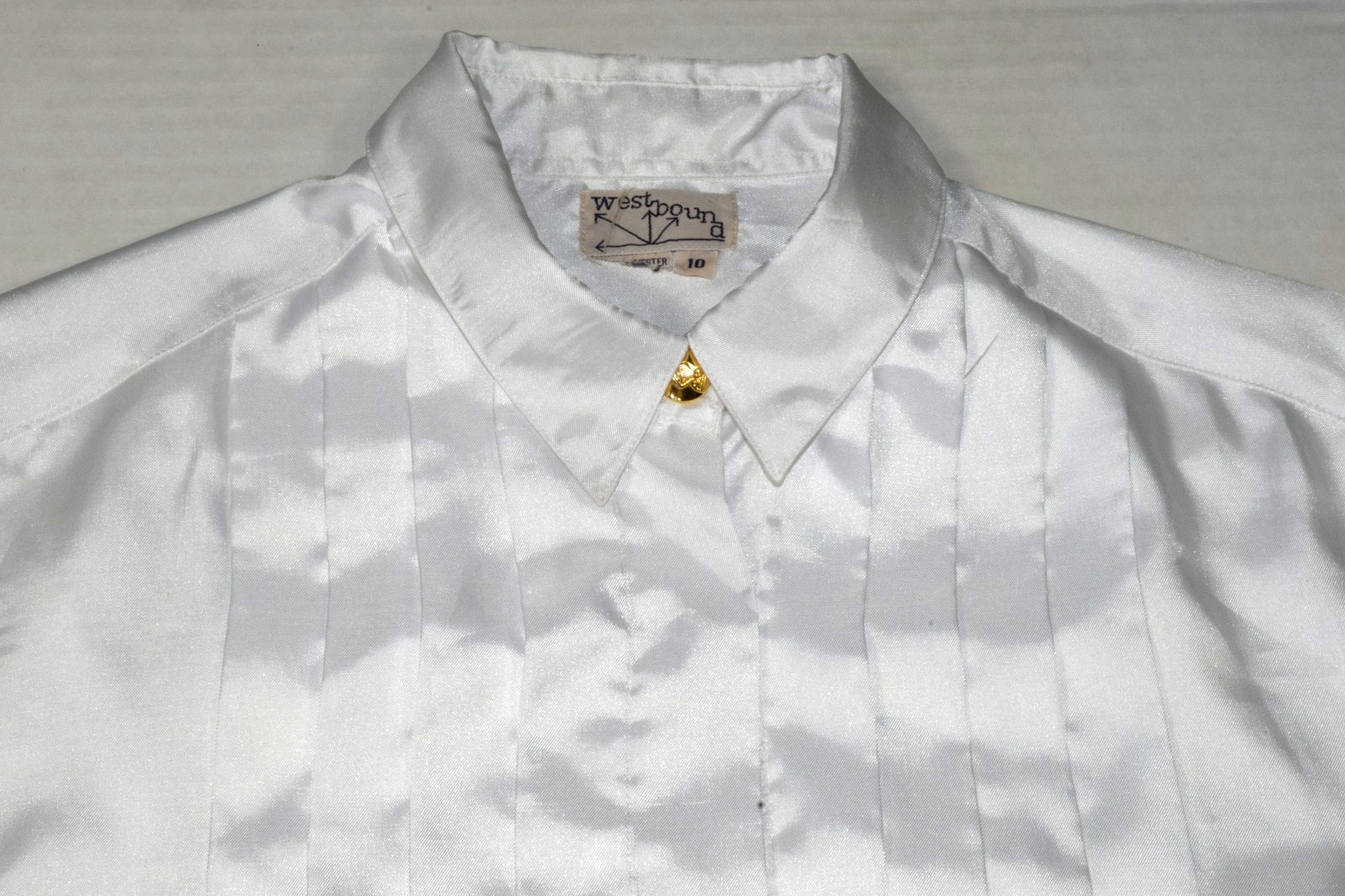 Vintage Blouse Westbound Size S 70s 80s White Satin Tuxedo Style Button Up