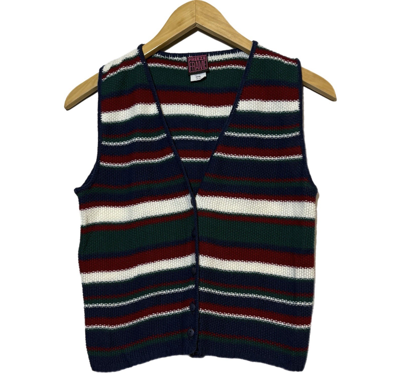 Vintage 90s Freeze Frame Knit M Ramie Cotton Striped Button-Down Sweater Vest
