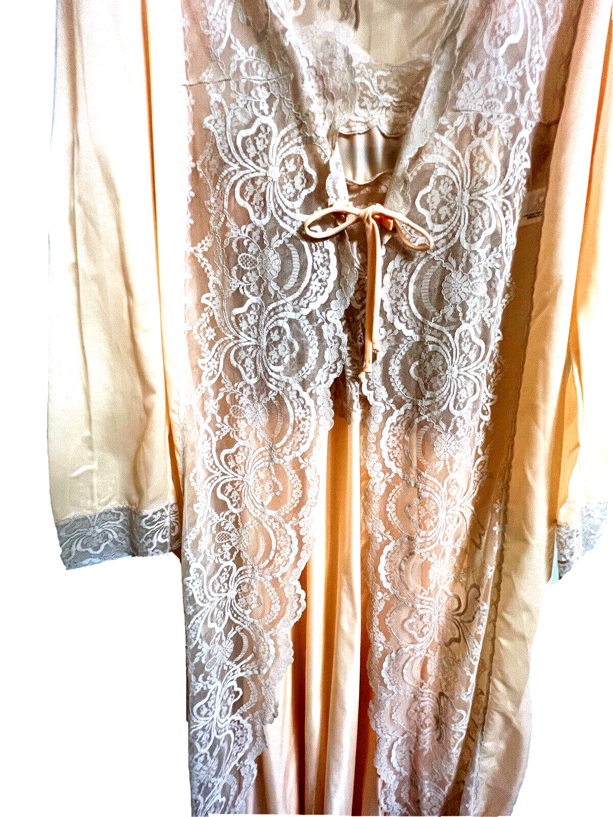 Sheer Madness Peach Satin Lacy Long Nightgown Matching Robe Set P / Petite VTG