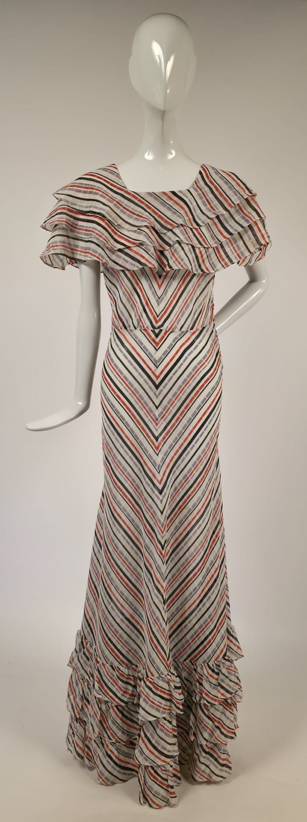 1930’S CHEVRON PINSTRIPED ORGANDY BIAS CUT DRESS W RICH RUFFLE TOP + BOTTOM