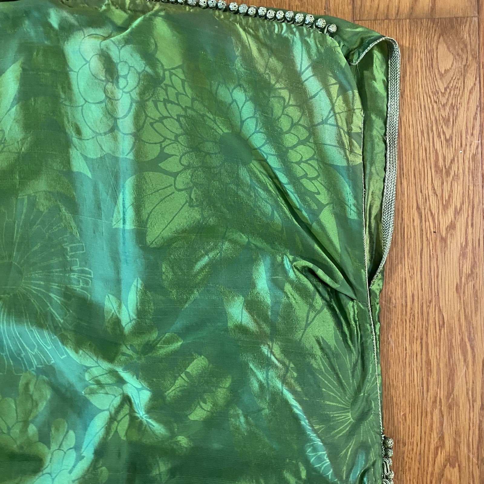 Kaftan Vtg Boho Silk Maxi Dress One Size Caftan Kimono Green Floral Jacquard