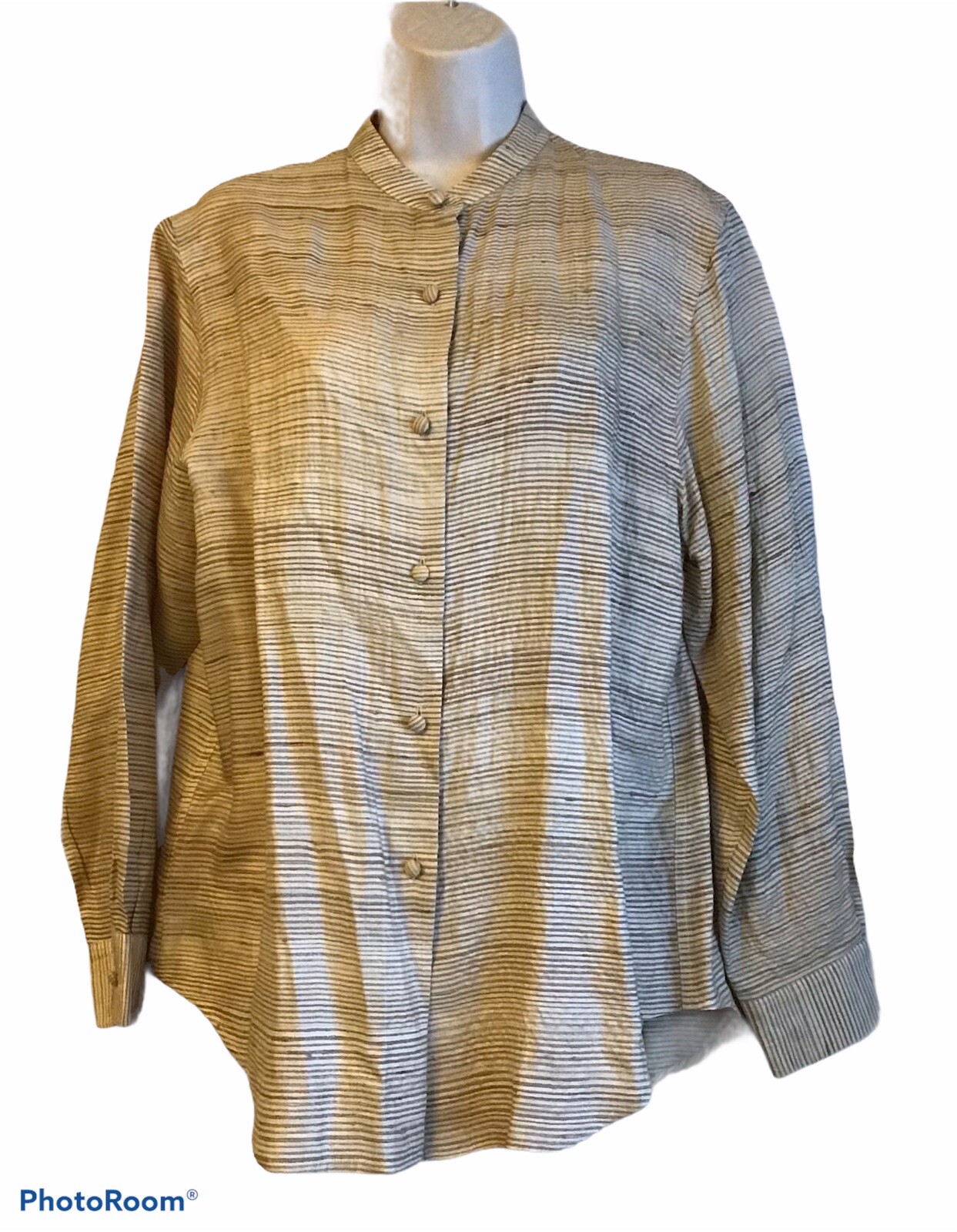 Vintage Ann May 100% Silk Blouse Long Sleeve Button Up Band Collar Career Med