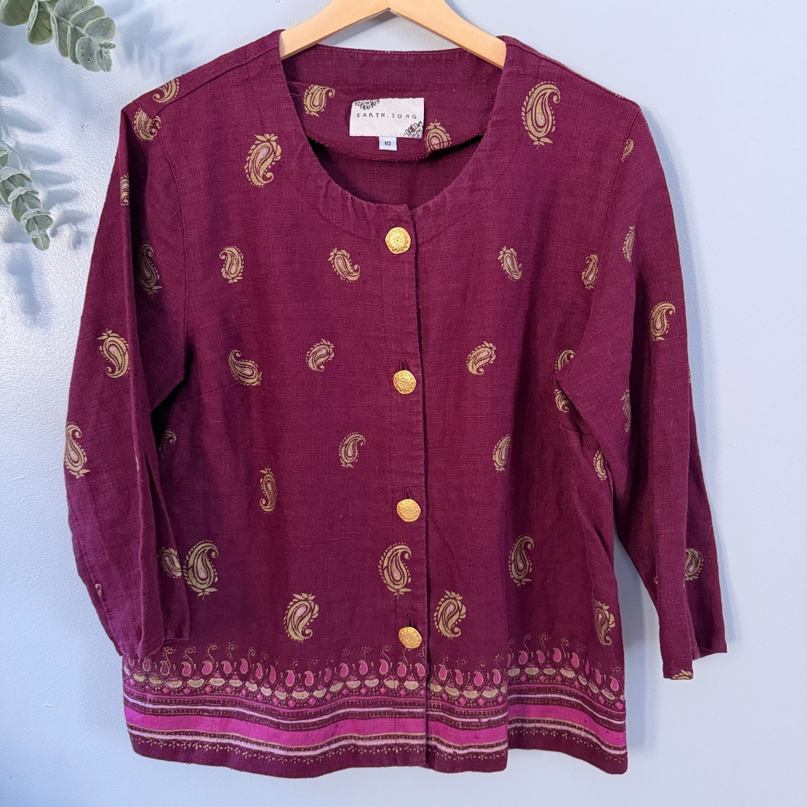 Earth Song Jacket Cottagecore Paisley Linen Button Front Blouse Maroon Gold Tone
