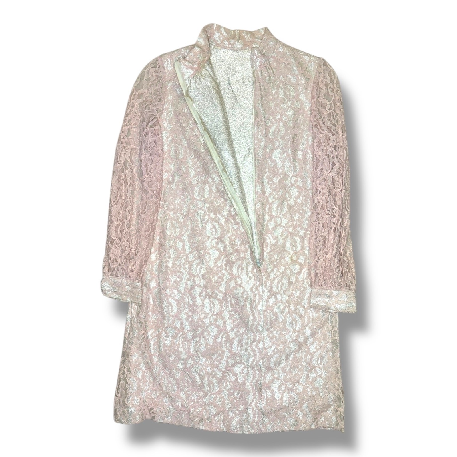Vtg 60s Pink Metallic Lace Mini Dress S/M High Neck Mod Party Go-Go Sheer Sleeve