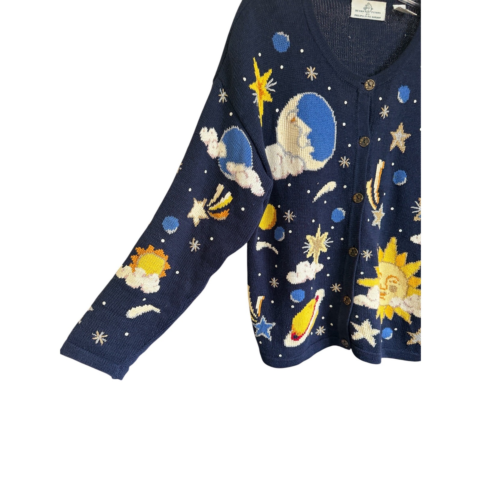Design Options Celestial Cardigan L Navy Sun Moon Stars Vintage Whimsigoth Fairy