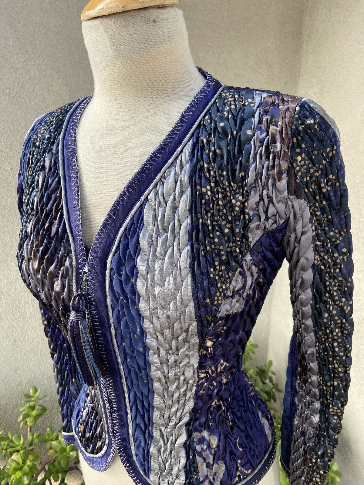 vintage Jacket 80s Jeanne Marc ruched Blue Grey Sz XS Petite 2