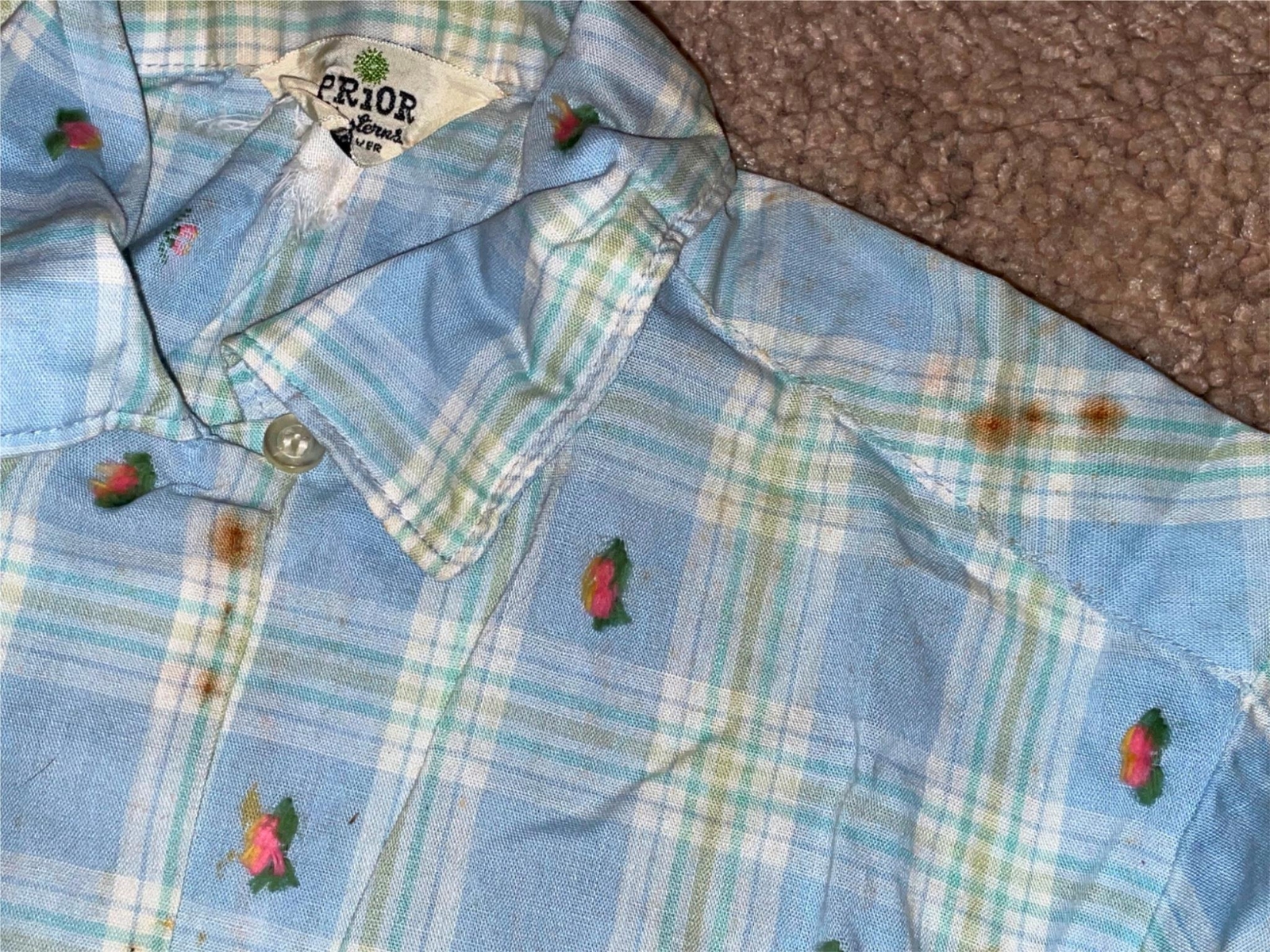 VTG 60S 70S WOMENS XS 32 PRIOR BLUE PLAID STRIPE BUTTON WESTERN COWBOY SHIRT