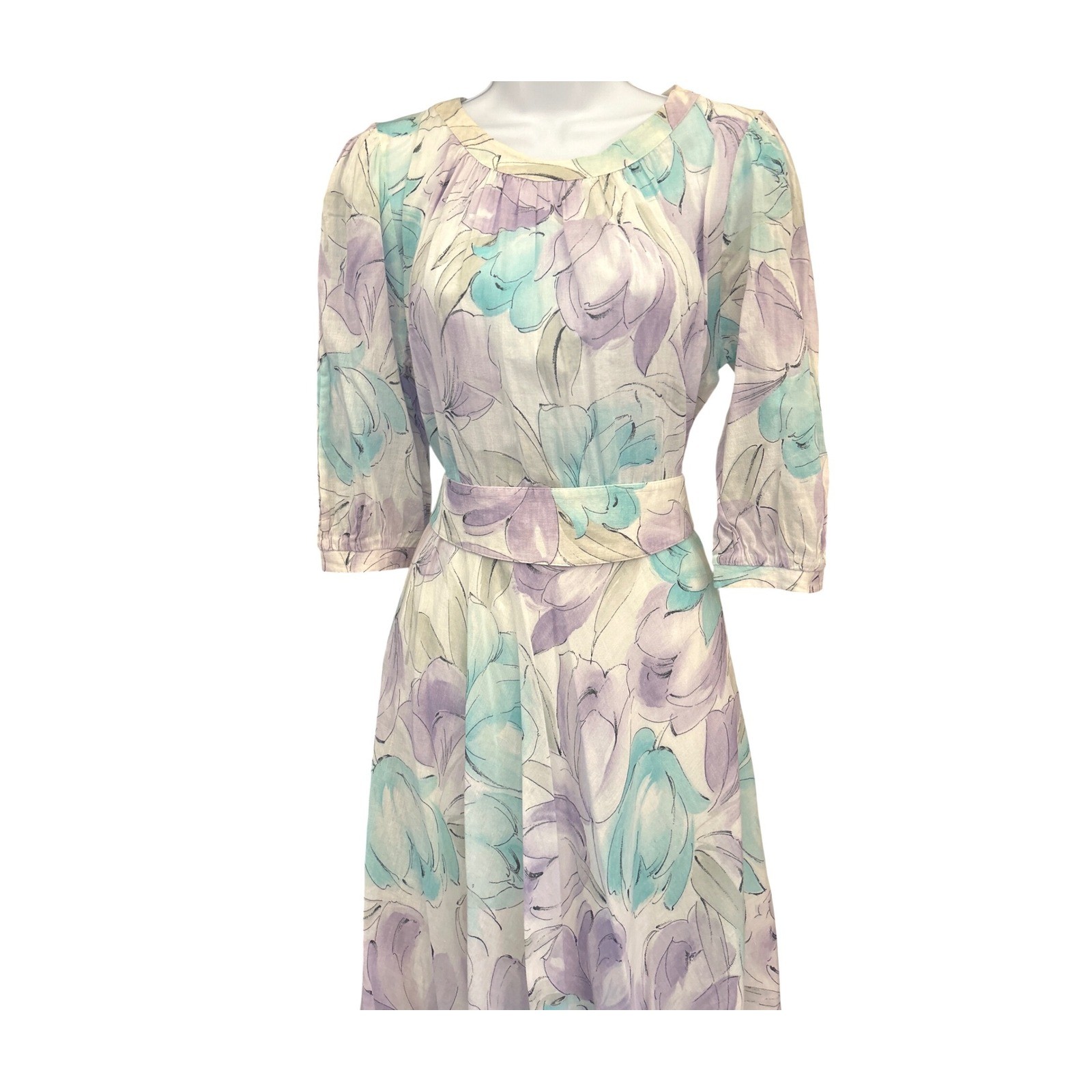 80s Peter Hahn Cotton Midi Dress Watercolor Floral Cottagecore Romantic Garden