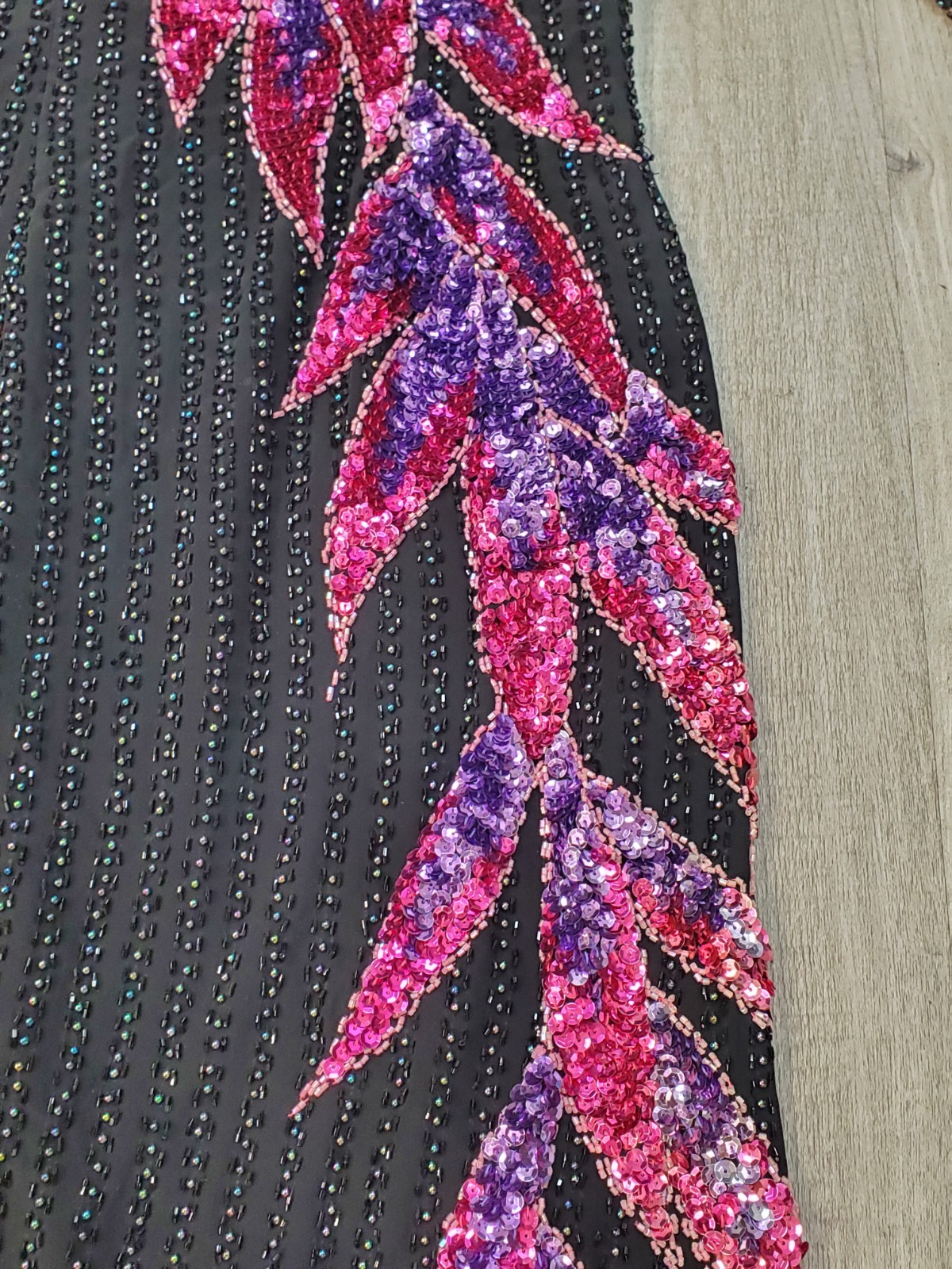 VTG 80s SHO MAX Black/Pink/Purple BEADED Sequined BAROQUE Silk TROPHY Dress Sz M