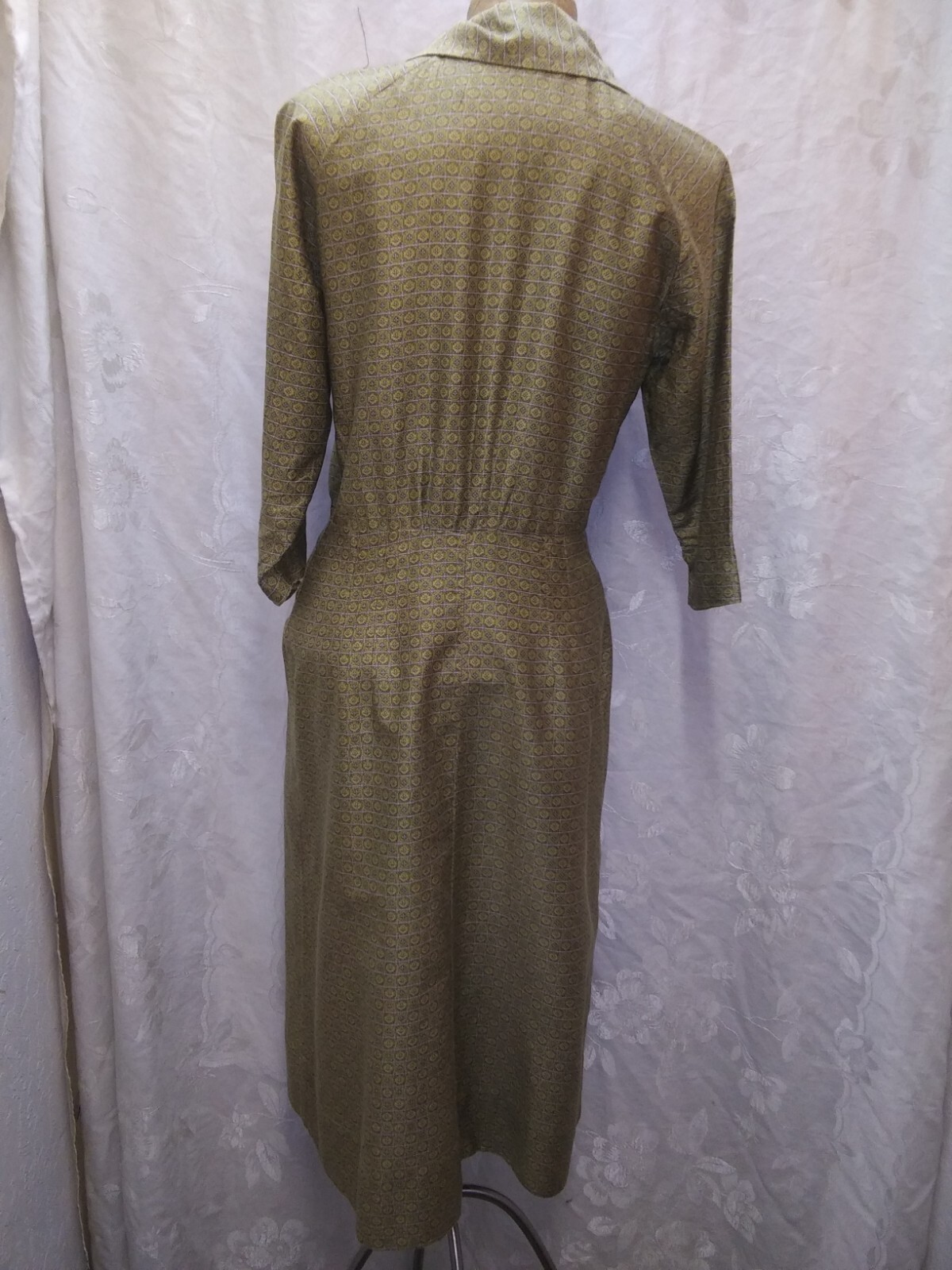 Vintage 1950’s Olive Green Dark Yellow Polished Cotton Elegant Dress Medium