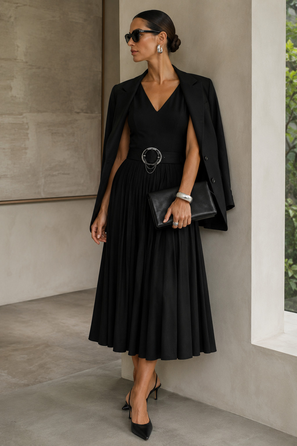 Vintage Evening Dress Black Jersey Pleated Old Hollywood Cocktail Dress Size 42/44