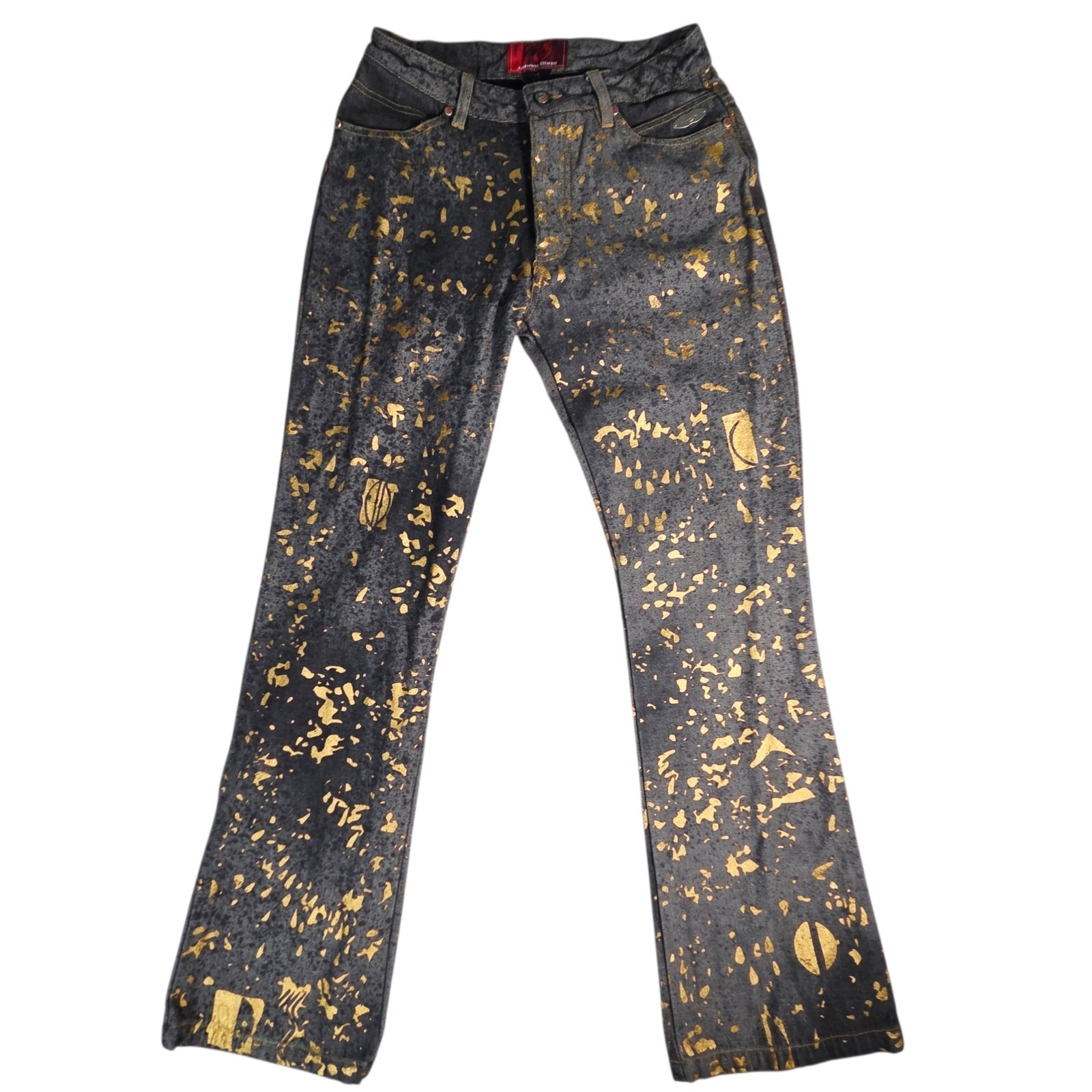 VTG Y2K Johnny Blaze Flame Jeans Womens Sz 7/8 Grey Metallic Gold Splatter Art