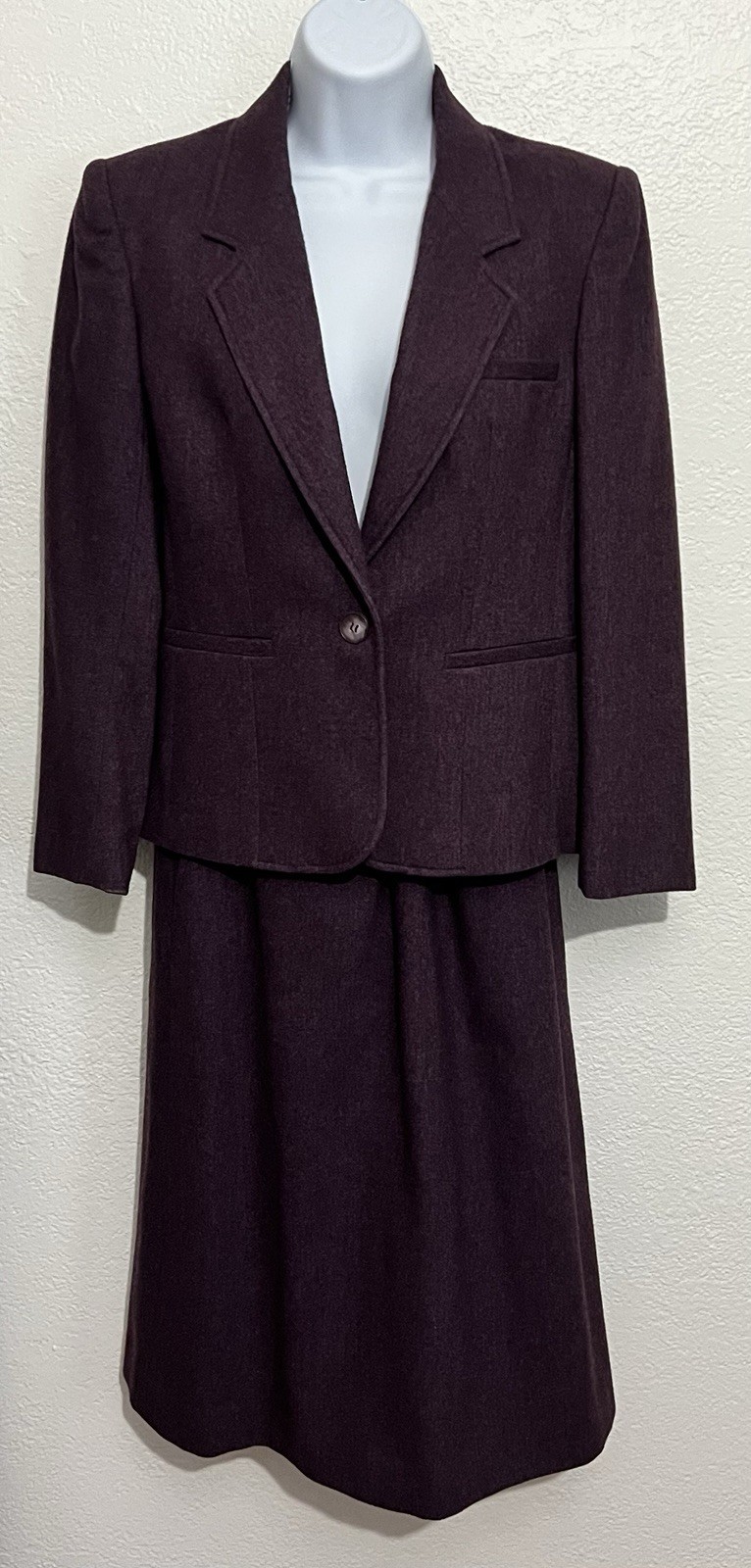 Vtg Sm Wool Skirt Suit Plum Purple Blazer Midi Skirt 2 Piece Set