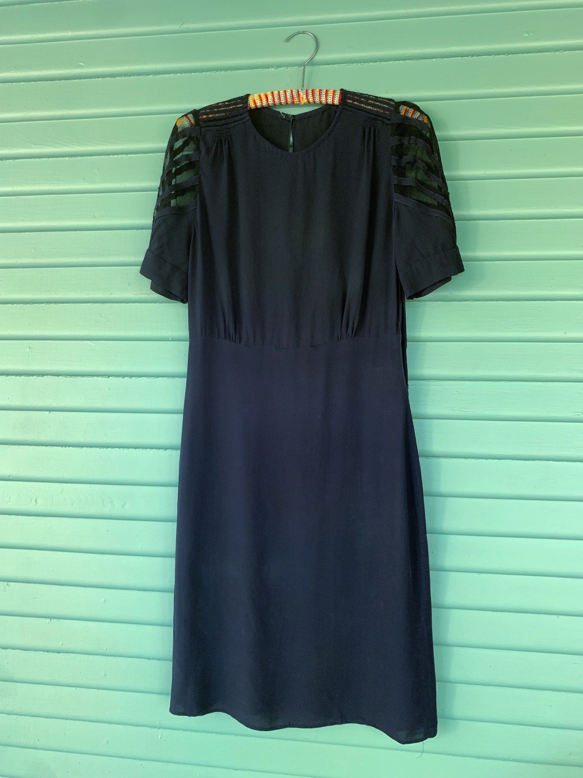 Vintage 1930s Navy Blue Silk Crepe Dress Art Deco Mesh Cut Out Sleeves Sz M/L