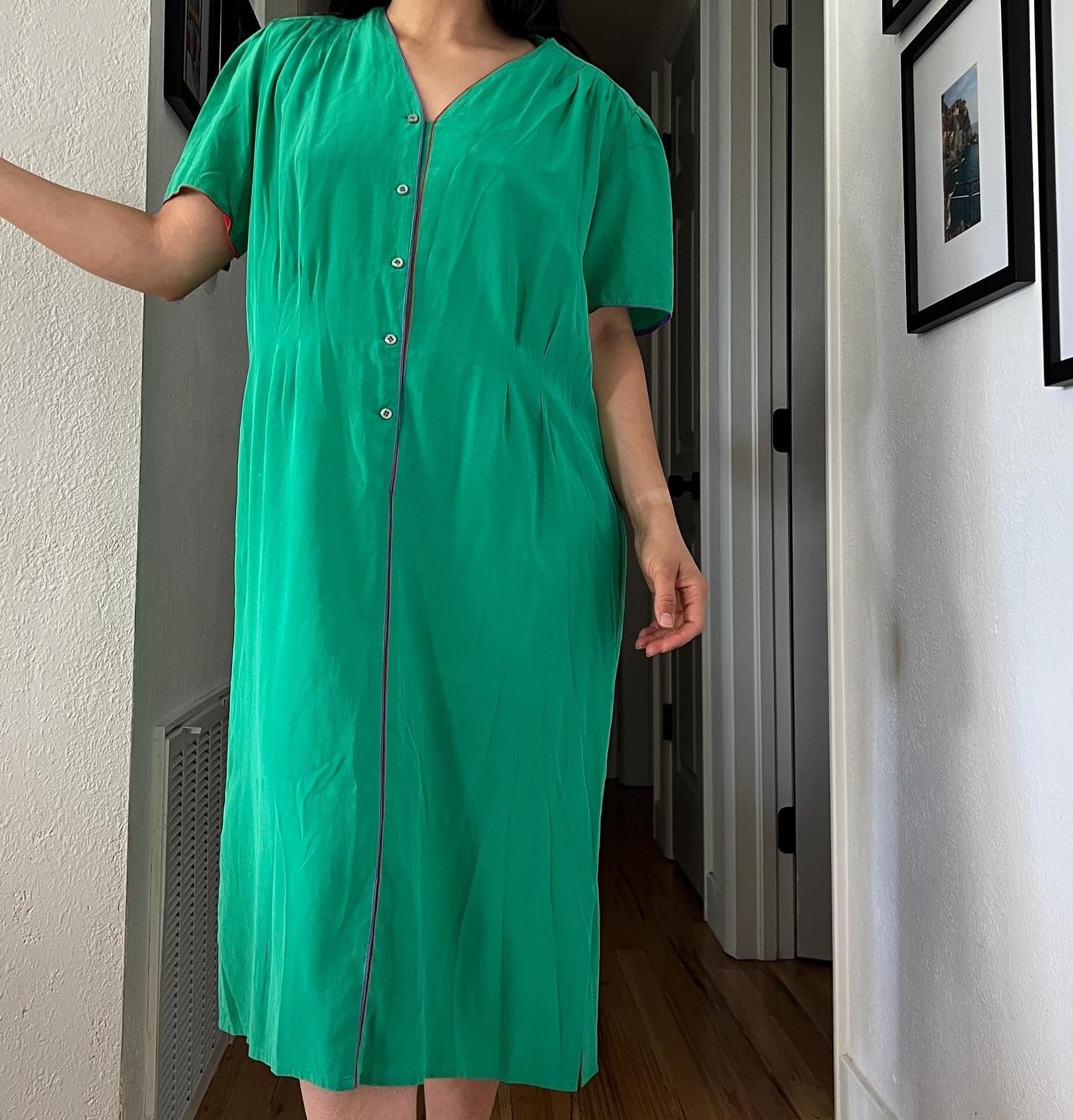vtg bright green silk midi shift dress size 16 purple red plus work business