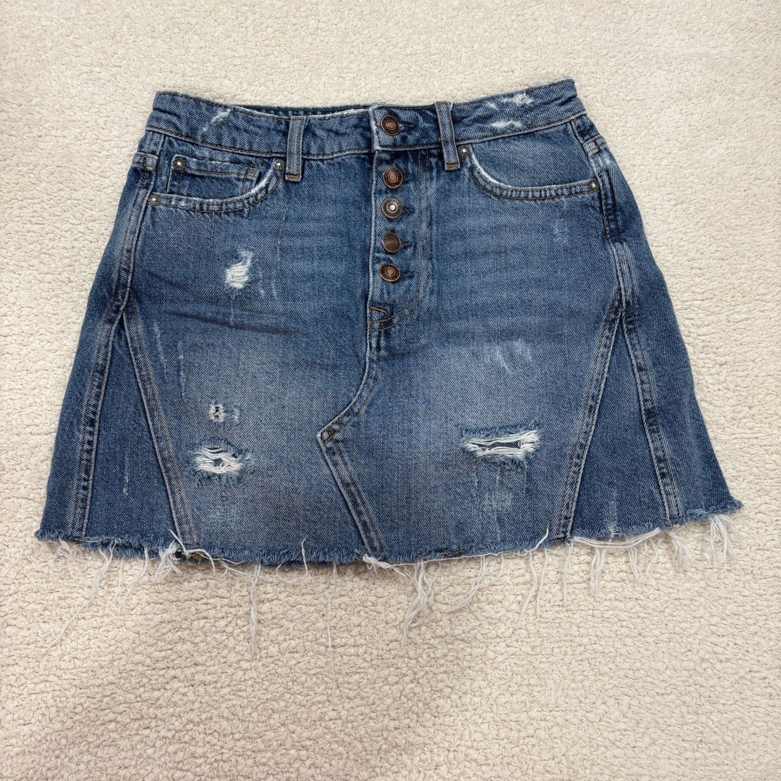 We The Free Harvey Distressed Medium Wash A-Line Denim Jean Skirt Size 26