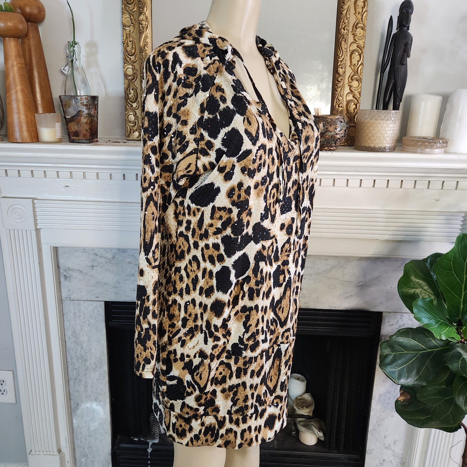 Vintage Y2K Apple Bottoms Brown Leopard Hoodie Dress Sequin Mob Wife Plus Sz 1X