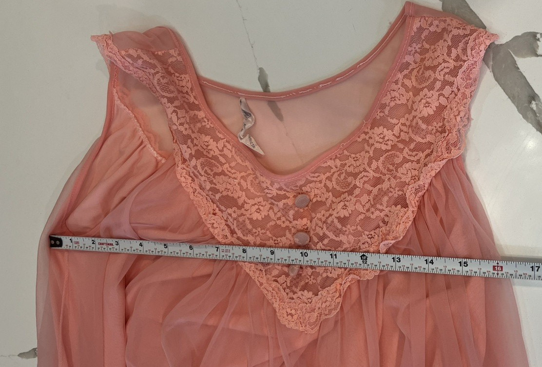 Vintage Coral Orange Nylon Lace Lined Nightgown Slip Dress Size Med Union Made
