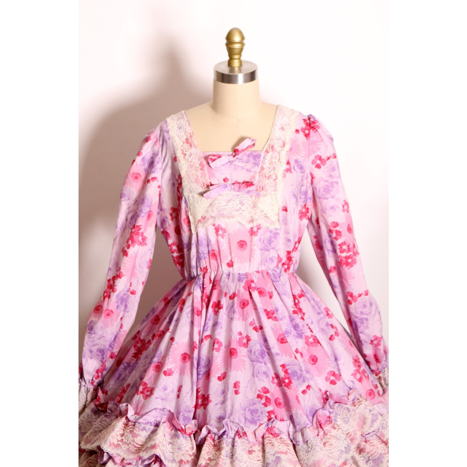 1960s 1970s Pink Purple Floral Long Sleeve Cream Lace Lolita Style Prairie Dress