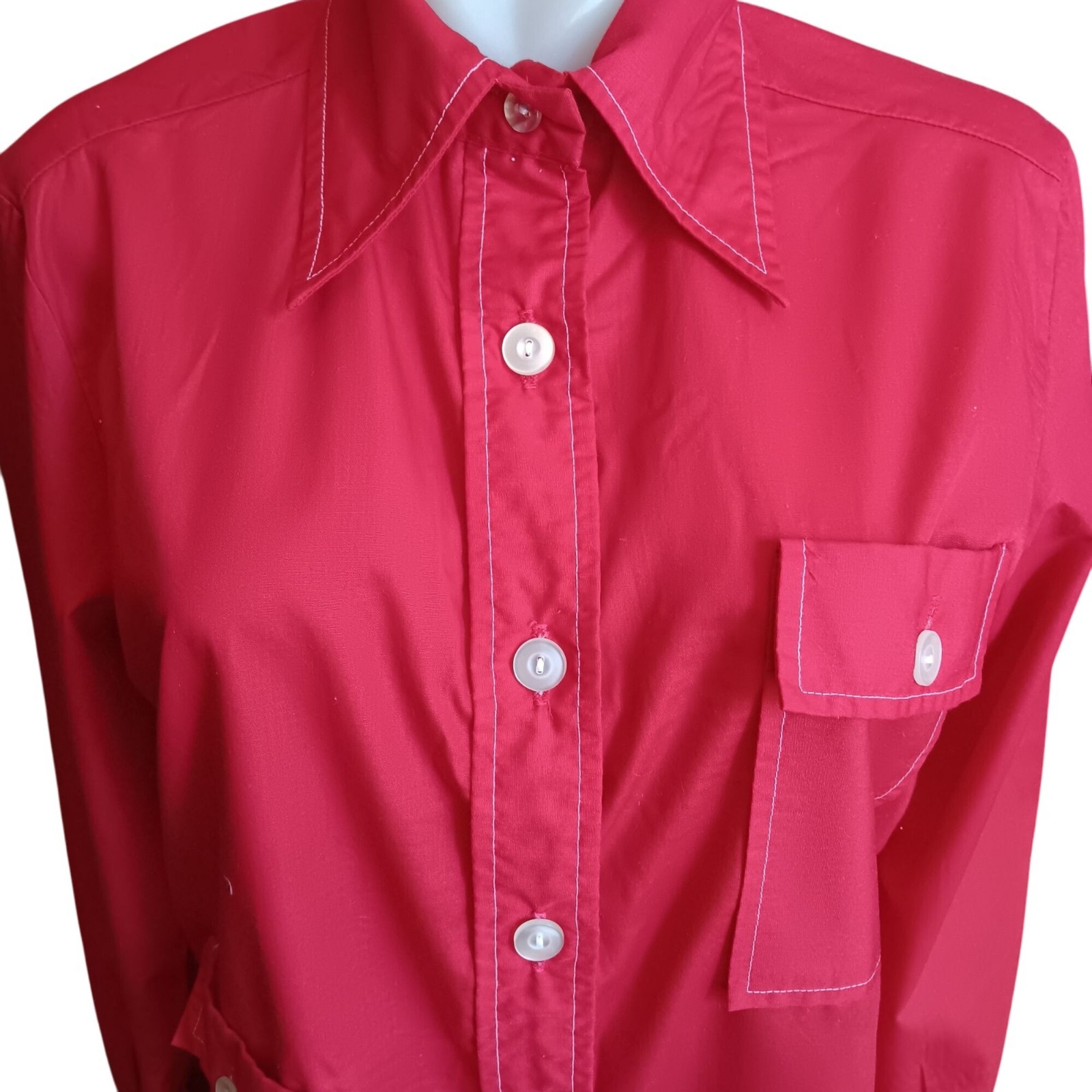 Lady Manhattan True Vintage Mod Blouse 16 Large 60’s Shirt Chore Pocket Red