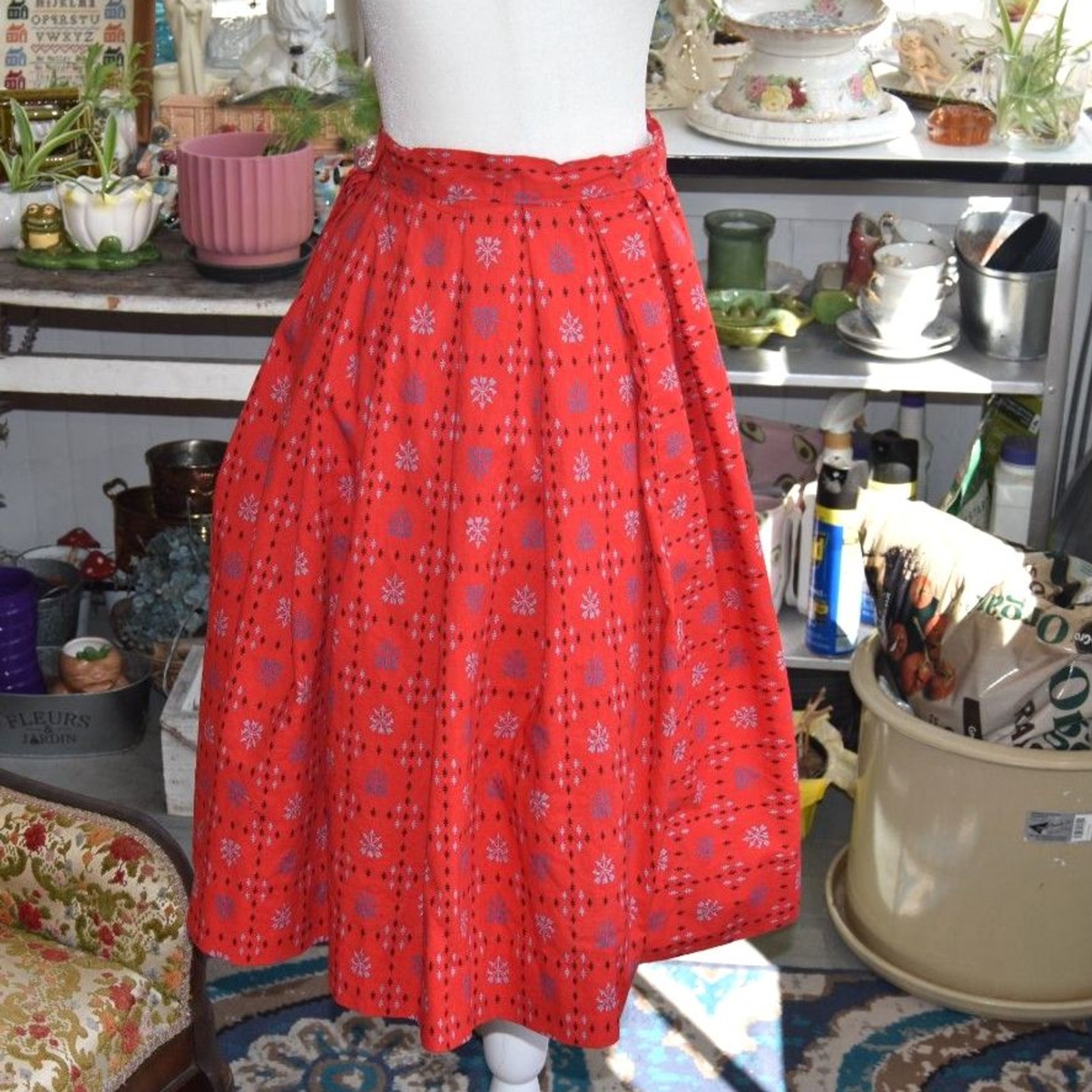 Vintage 1960s Red Cotton Circle Skirt Small Novelty Print Mid Century