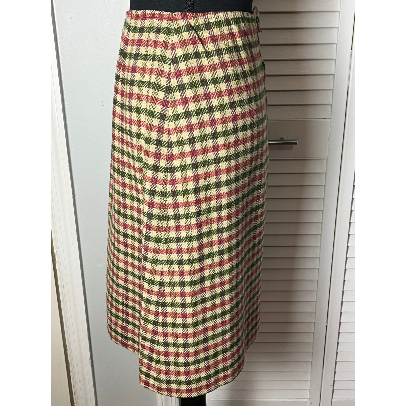 Vtg Check Pendleton Skirt Midi WOOL 70s Preppy Pink/Red Green Tan Sz S Secretary