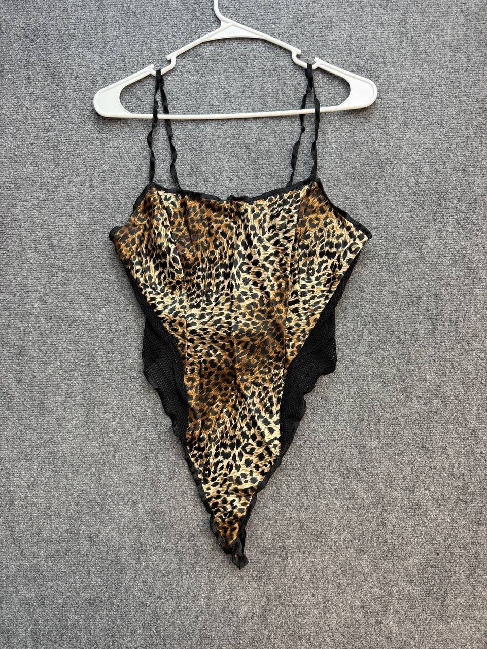 Vintage Leopard Print Teddy Bodysuit Lingerie Women’s Black Mesh Satin Medium