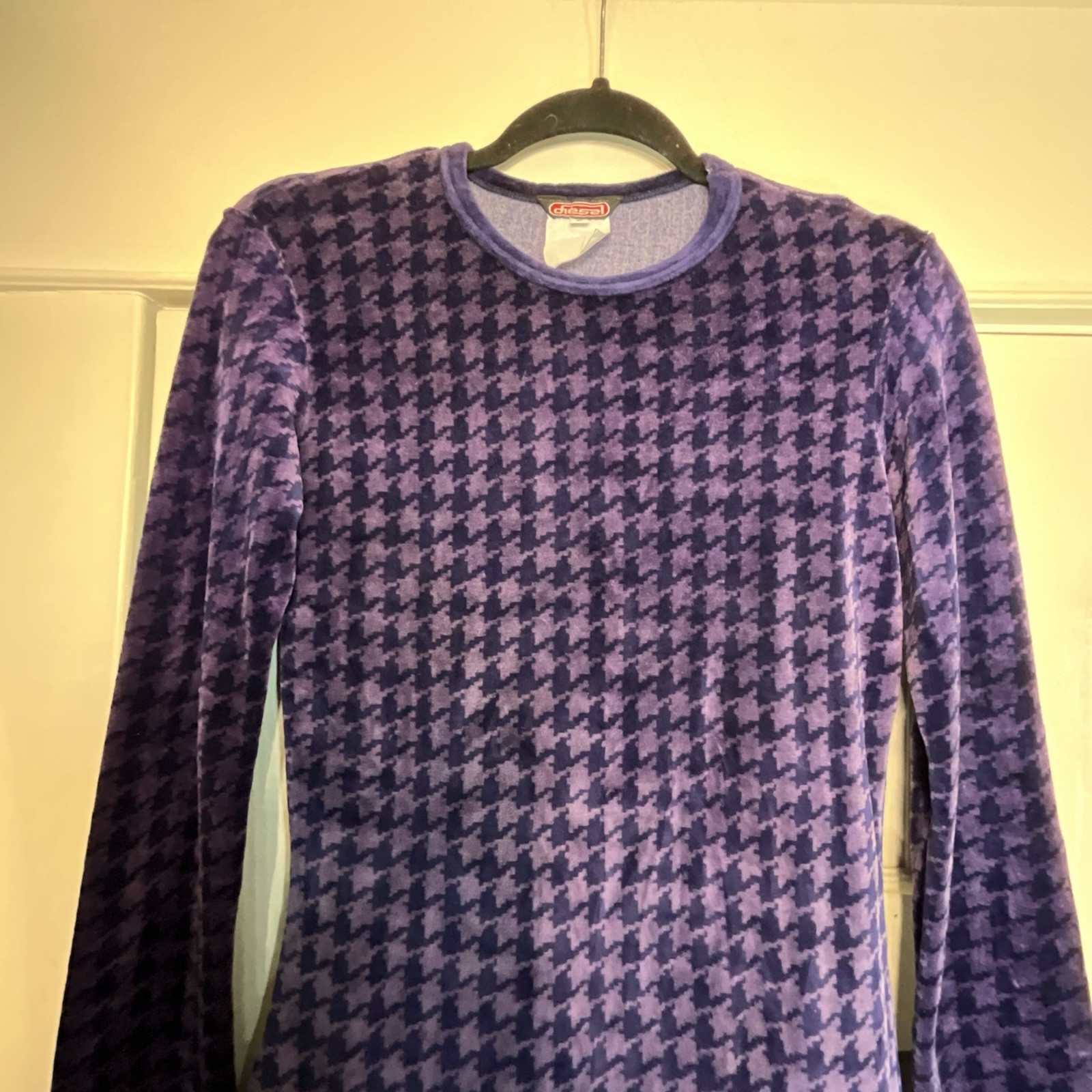 Vintage 90’s Diesel Velour Houndstooth Check Mini Dress Long Sleeve Size L RARE