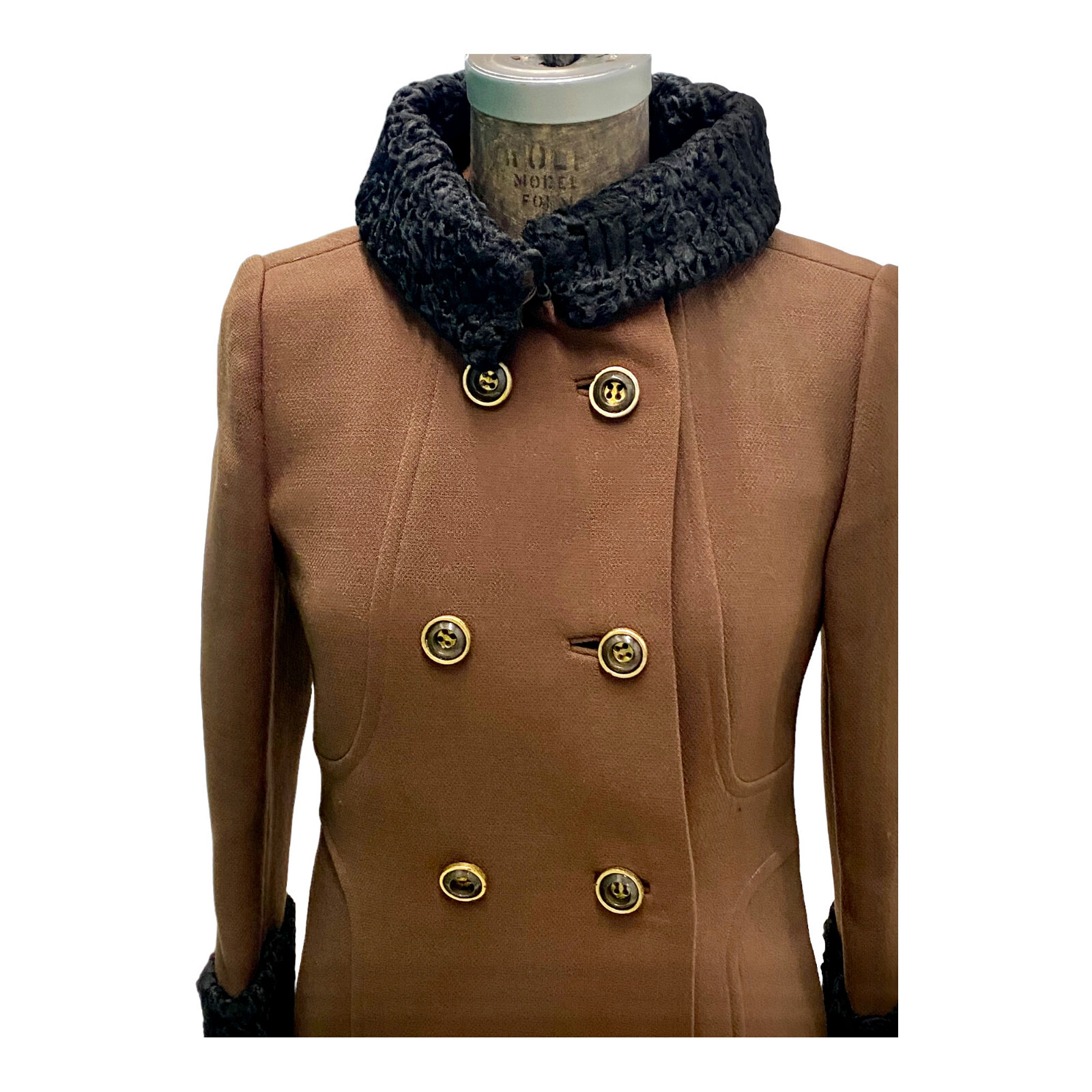 Vintage 1950s Brown Wool Coat Black Persian Lamb Trim & Dress Small