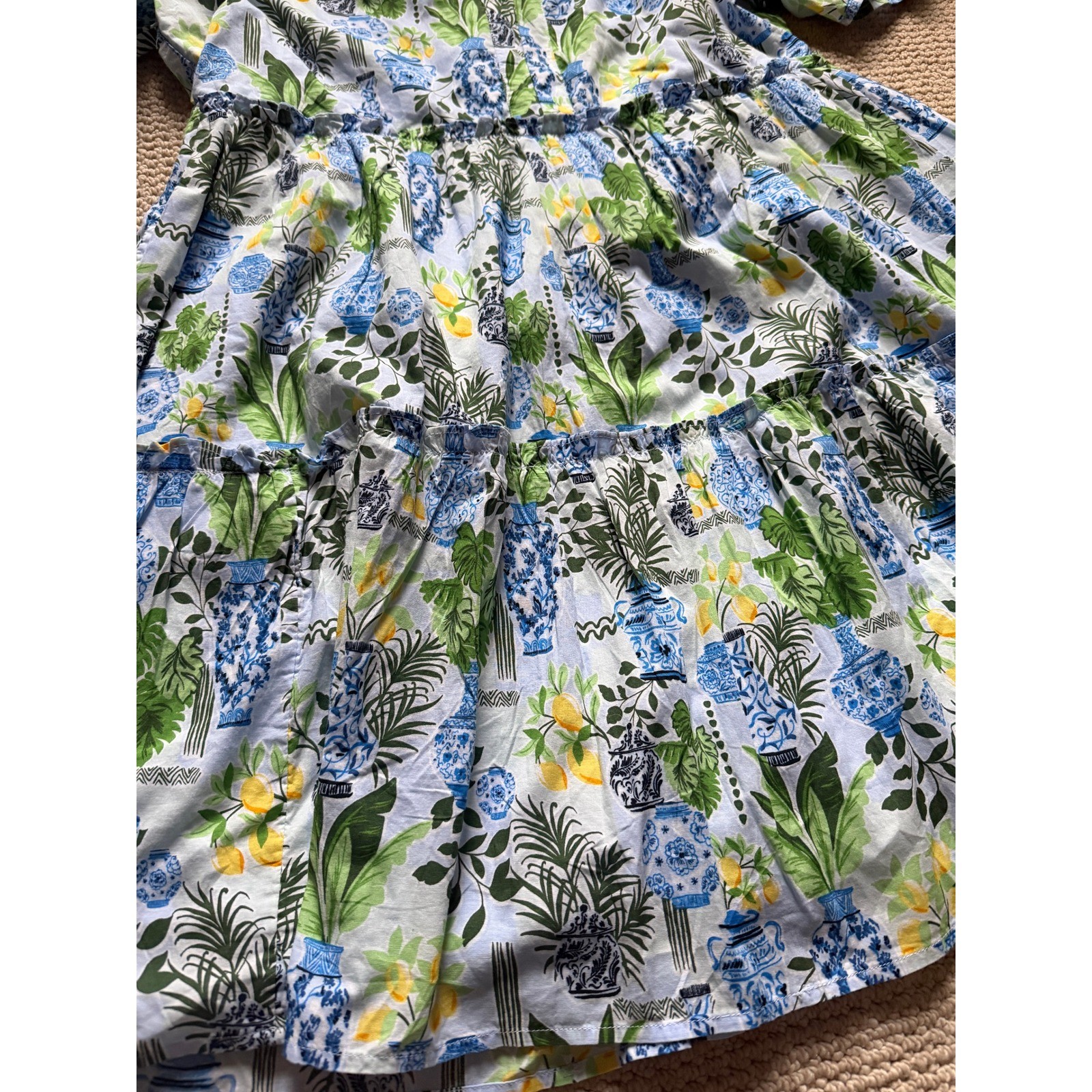 Crown & Ivy Blue & Green Chinoiserie Vase Tiered Ruffle Dress Size M 100% Cotton