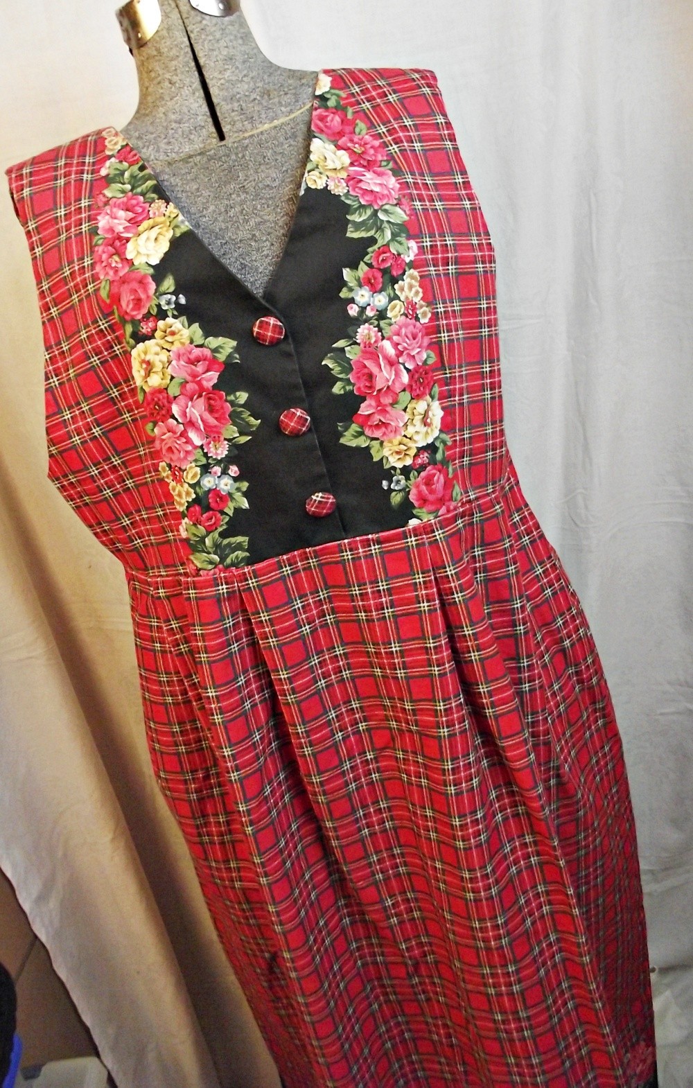 COTTAGECORE Hand Made Womens Jumper Pinafore Dress Red Tartan Plaid Roses XL