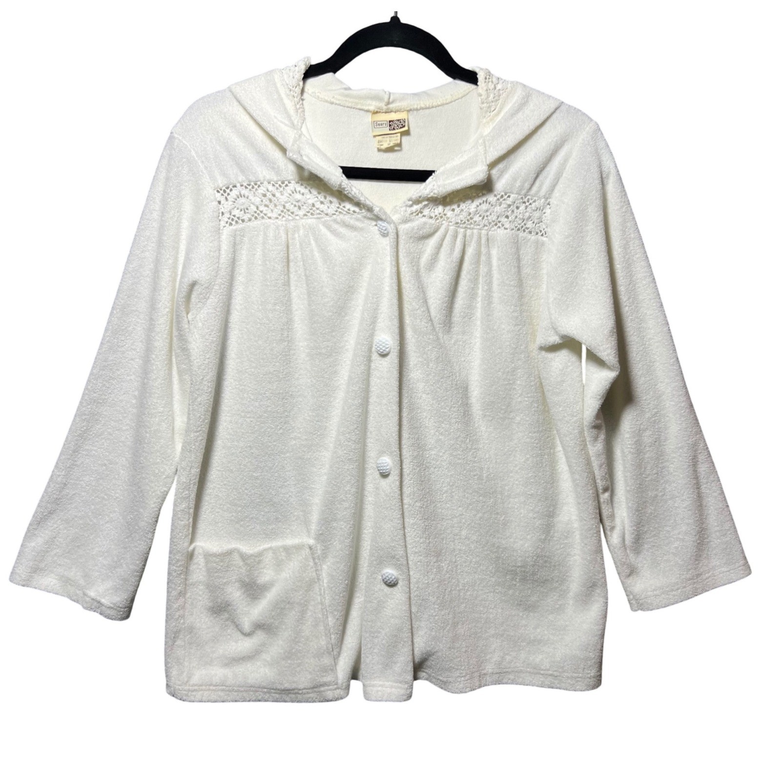 Vintage Sears White Terry Cloth Hooded Cardigan Crochet Lace M Ivory Loungewear