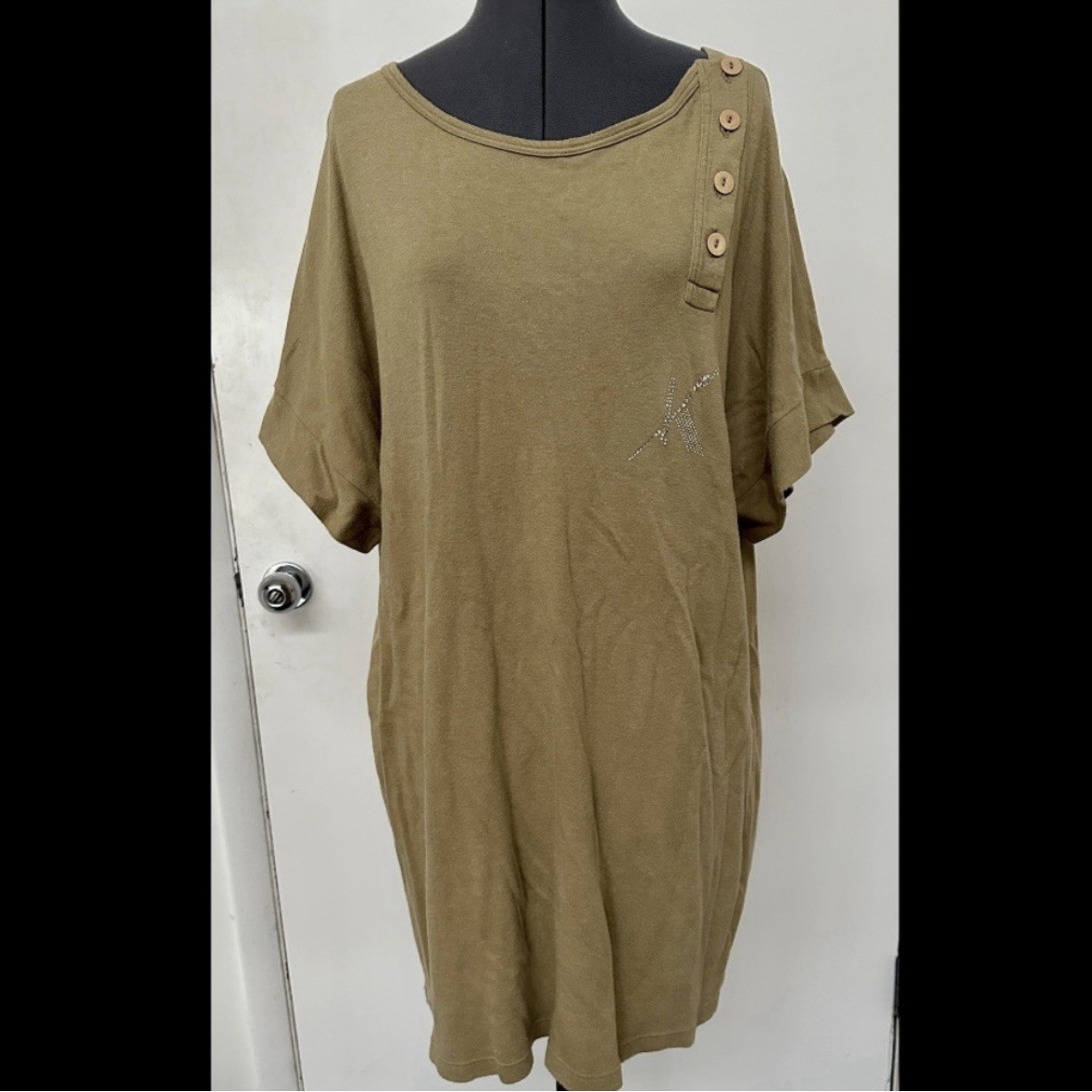 VINTAGE 1980s KRIZIA MAGLIA TAN BROWN TSHIRT JERSEY KNIT DRESS RHINESTONE LOGO L