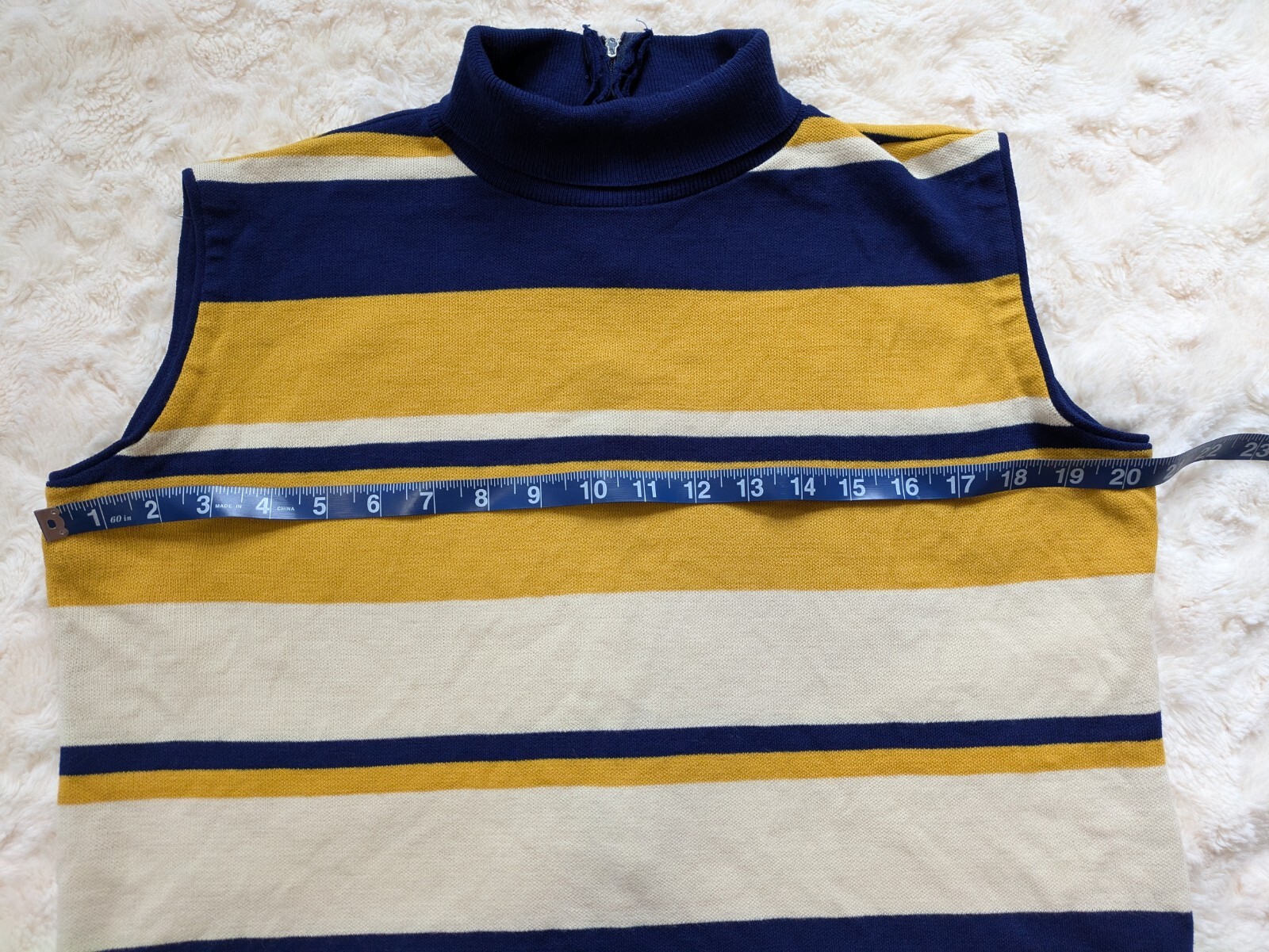 Vintage Mod Mock Neck Sleeveless Knit Layering Top Blue Yellow Stripes Large