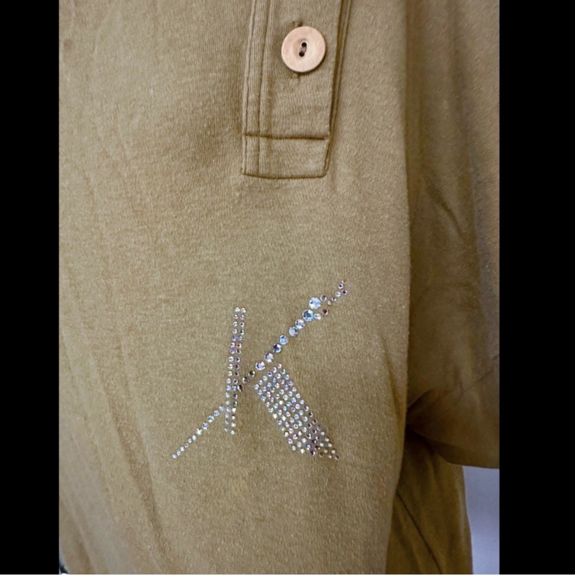 VINTAGE 1980s KRIZIA MAGLIA TAN BROWN TSHIRT JERSEY KNIT DRESS RHINESTONE LOGO L