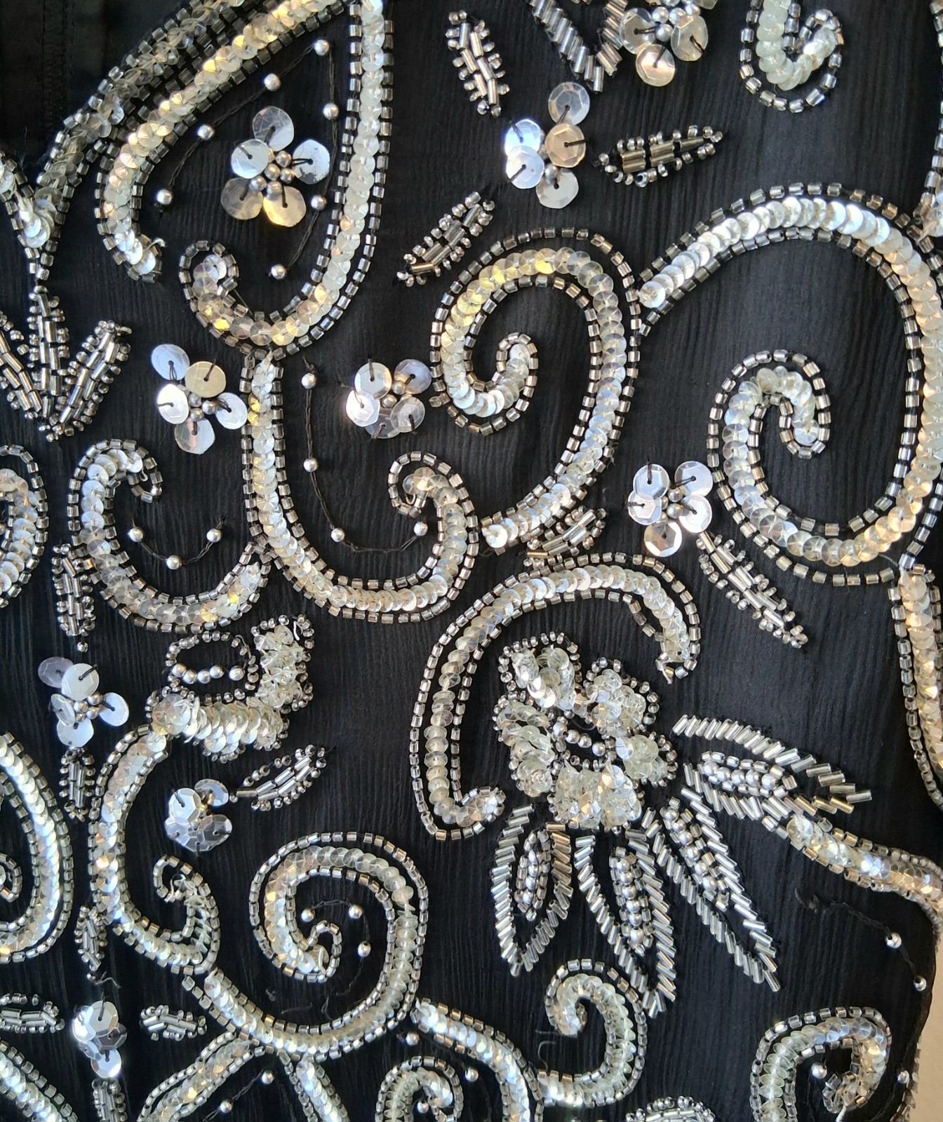 Vintage Womens Large Top Laurence Kazar Black Silver Sequin Beaded Blouse Gatsby