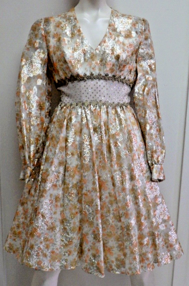 Vtg 60s Kiki Hart Gold Lame Rhinestone Prom Cocktail Party Dress Union Made Sz 6