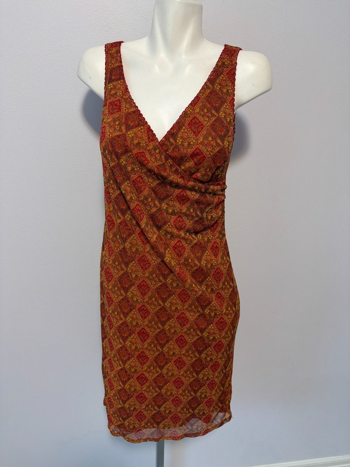 Vintage Y2K Abstract Graphic Print Sheer Mesh Layered Dress Fairycore Sz Medium