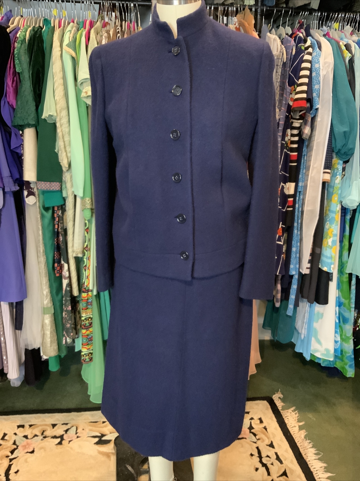 VTG 60s Women’s Navy Blue Wool 2Pc Skirt Jacket Suit Sz 6 GUC Pinup Girl