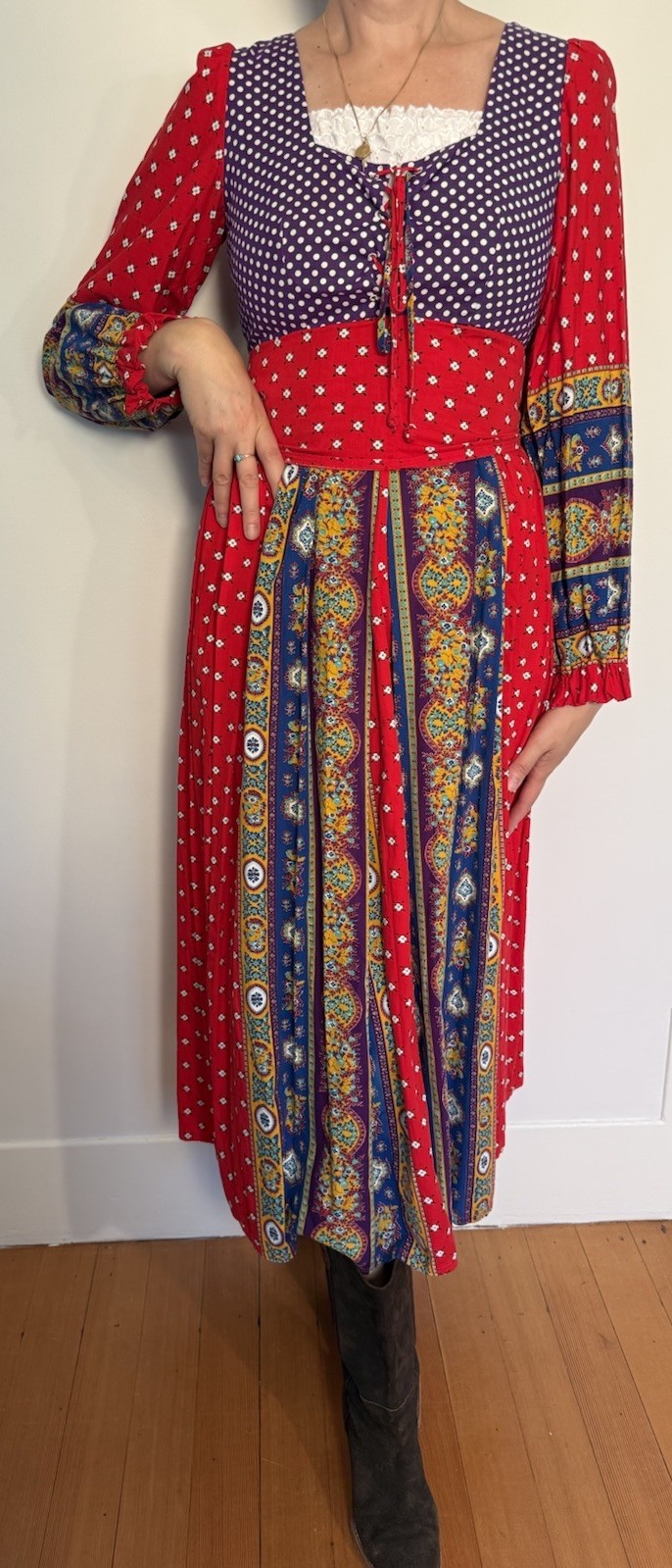 Vintage 60’s-70’s Shelly’s Tall Girl Boho Prairie Hippy Dress Corset Festival M