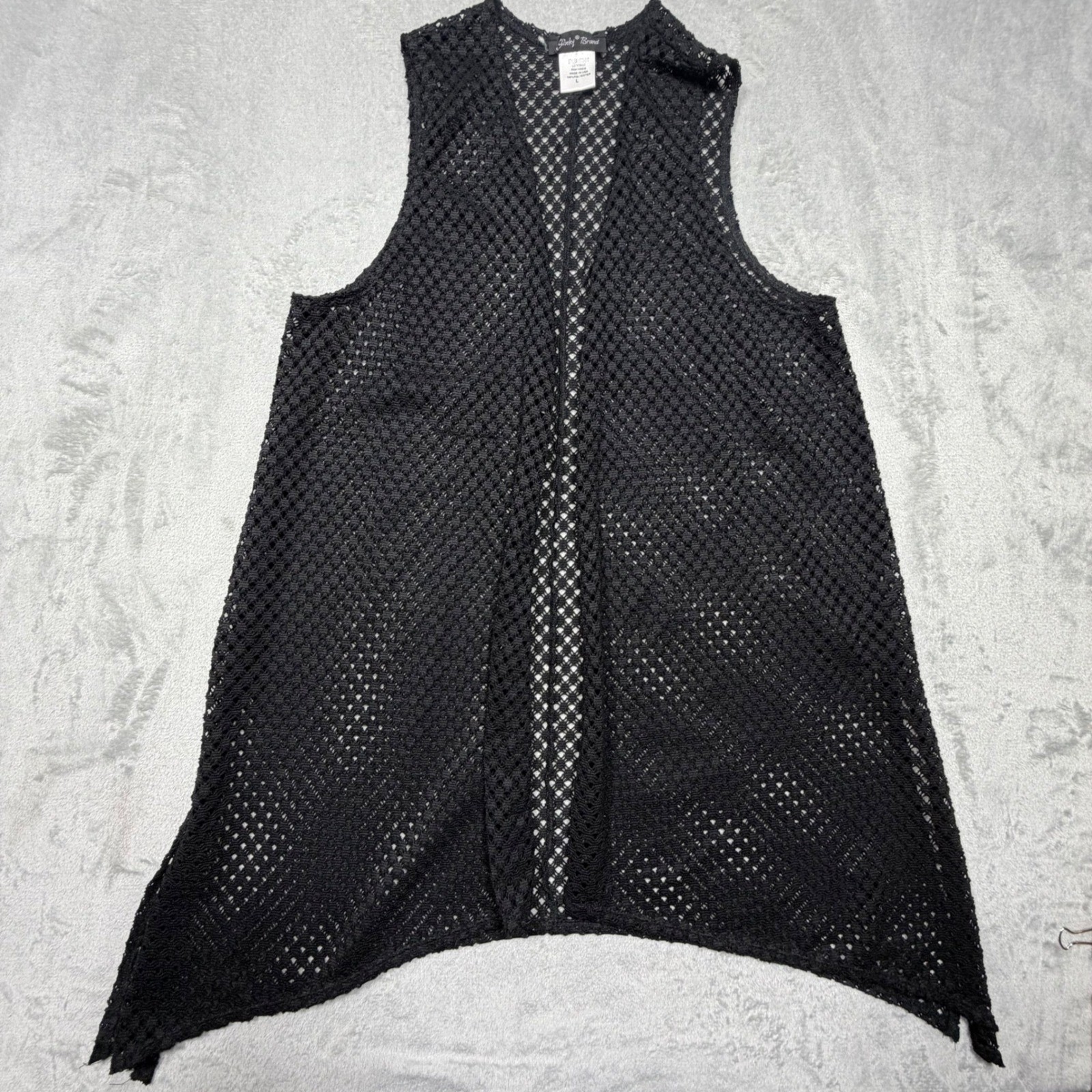 Vintage Slinky Brand Black Crochet Mesh Vest Sharkbite Hem Large 90s Boho Layer