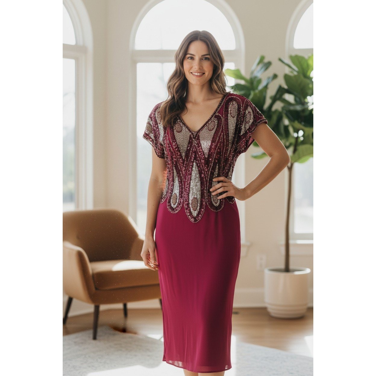 Alyce Designs Silk Beaded Gown Women Magenta Sequin V-Neck Vintage Dress 10