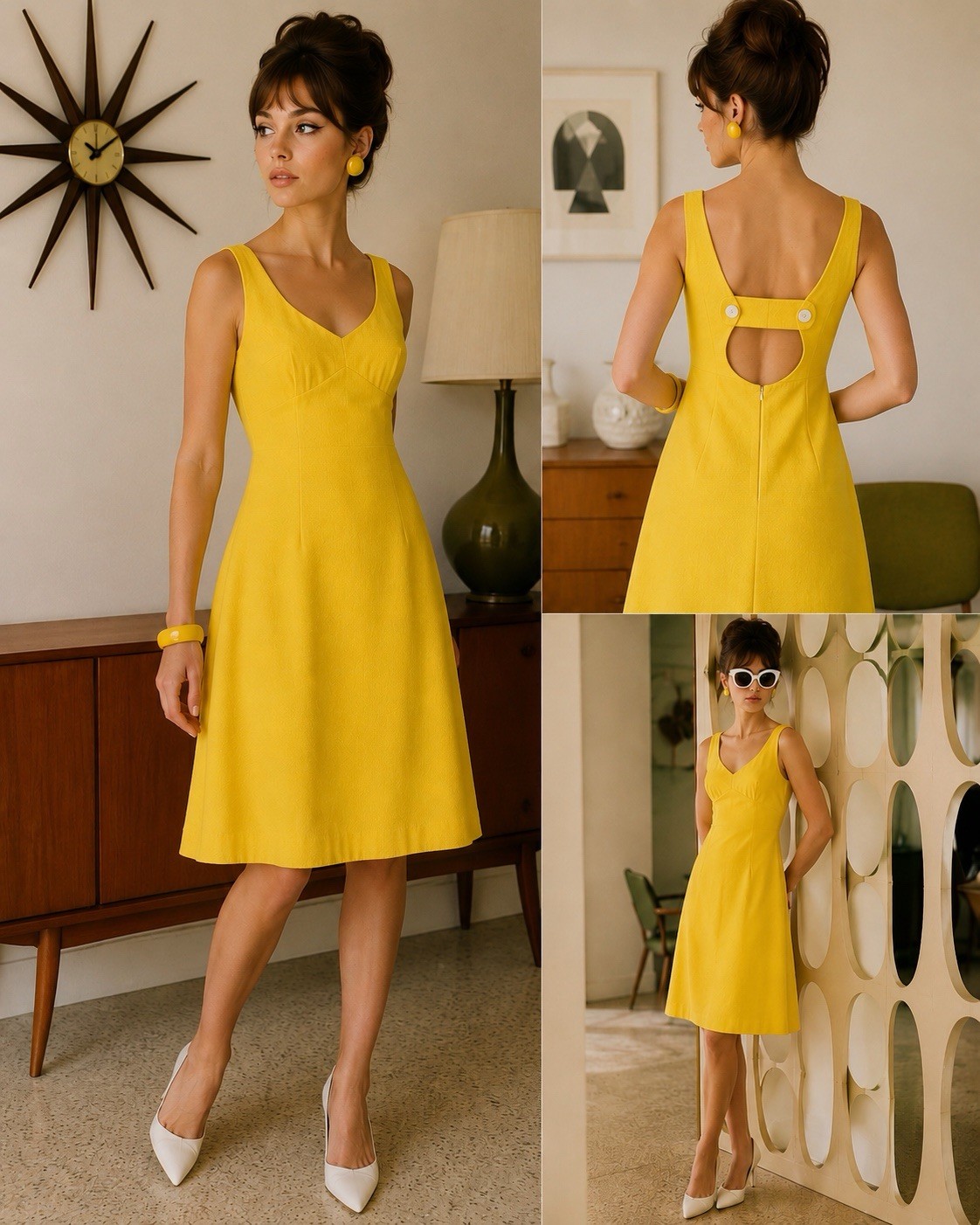 Vintage Carol Brent 60s Yellow Open Back Mod Dress A-Line Sleeveless Size S