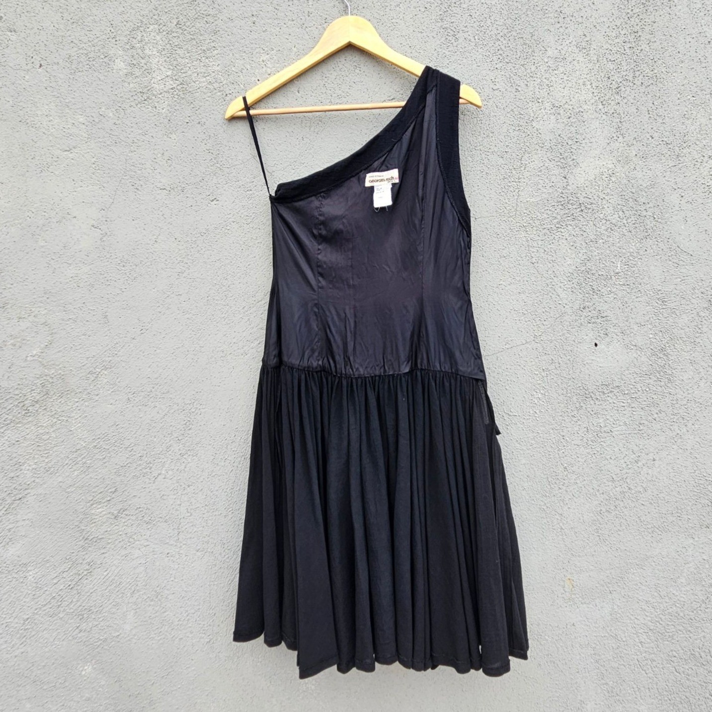 Vintage 80s Georges Rech Paris Black Cotton One Shoulder Dress Rosette Small