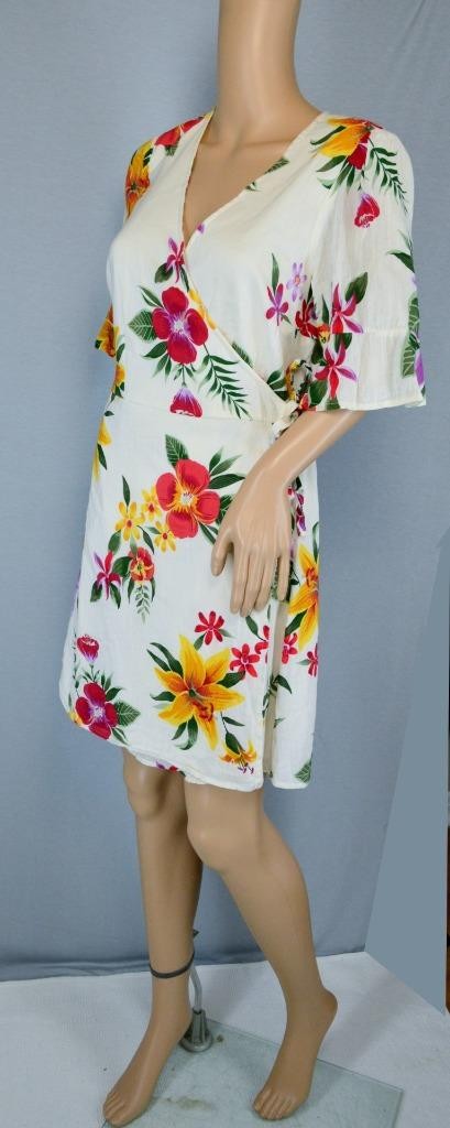 VTG Old Navy Mini White Tropical Floral Deep V Flutter Sleeve Boho Wrap Dress M