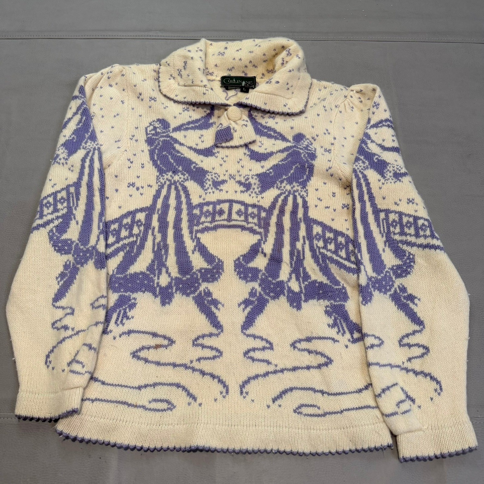 VTG Angora Lambswool Blend Sweater Ice Skate Y2K Cream Snow Fair Isle-L-4981
