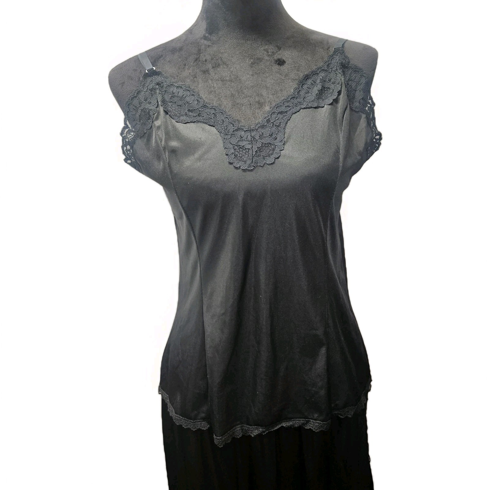 Vintage Women’s Black Mel-Lin Nylon Camisole Slip Set Lace Trim XL Glam Pin Up