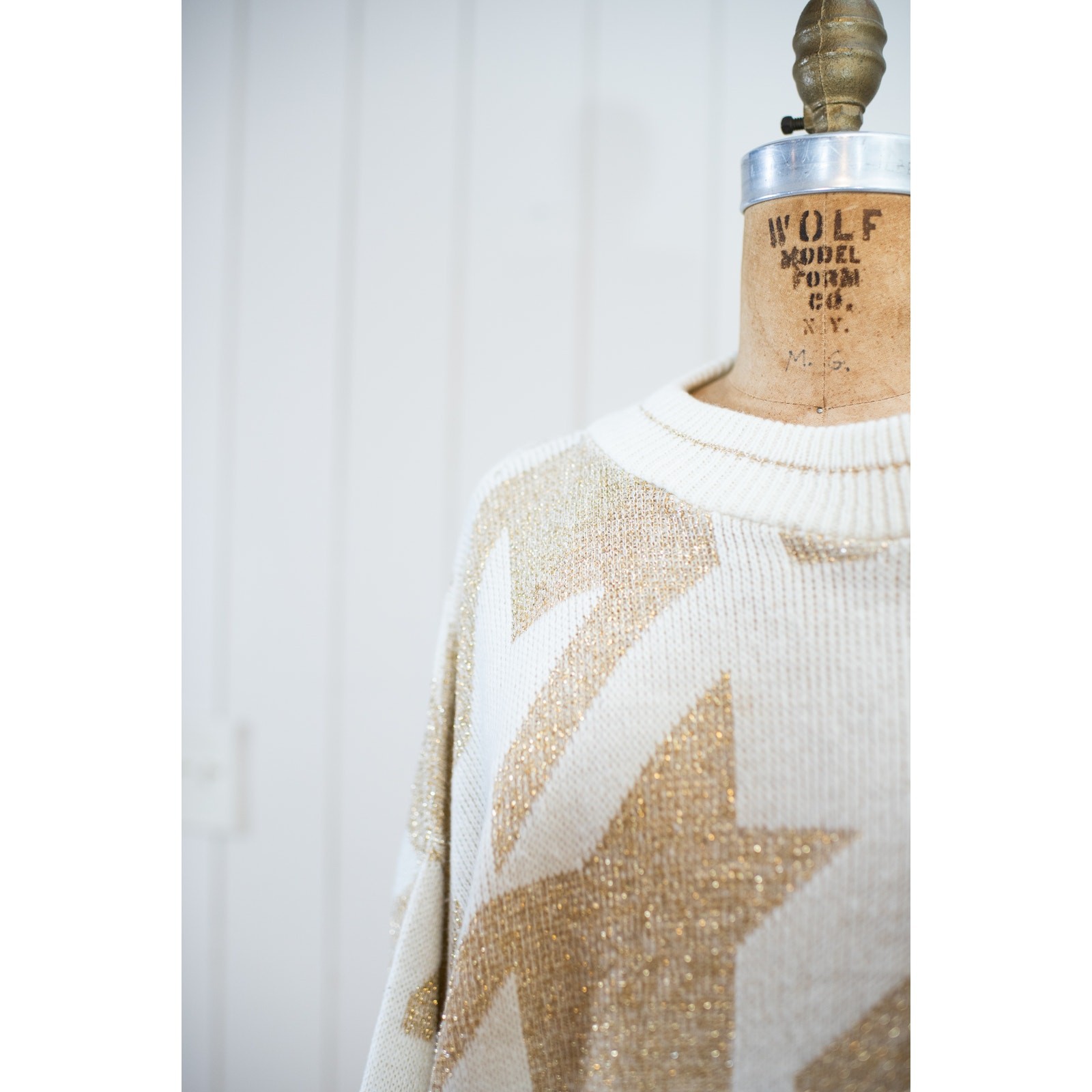 Vintage 80s Abstract Origami Sweater Cream Gold Metallic Artsy Neutral Knit, Lg