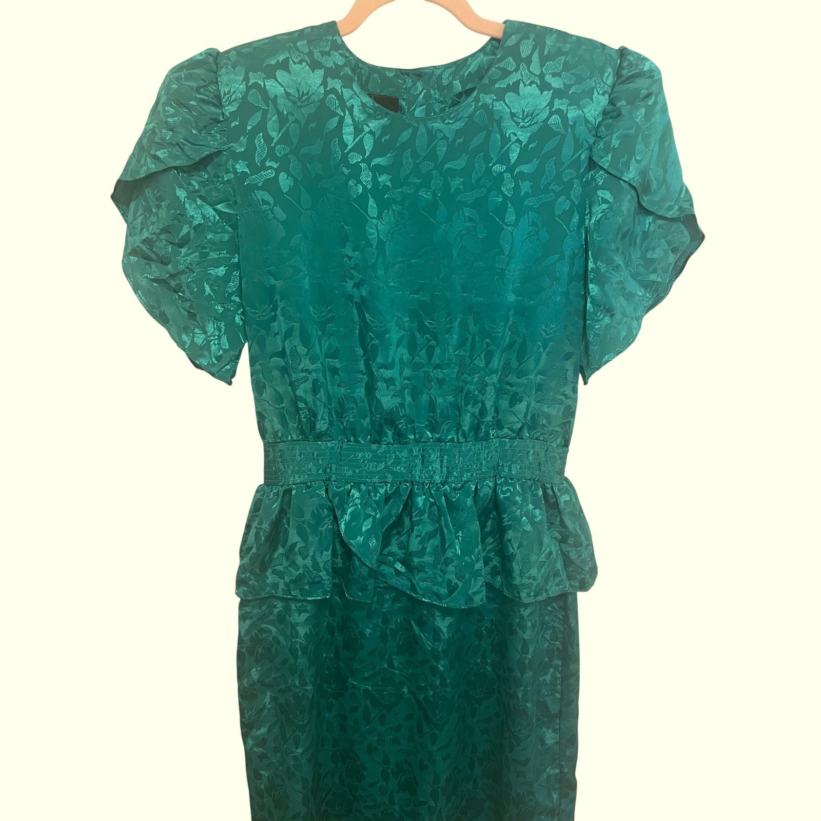 Vintage Dress 80s Green Blue Jacquard Peplum Midi Samantha Black Medium