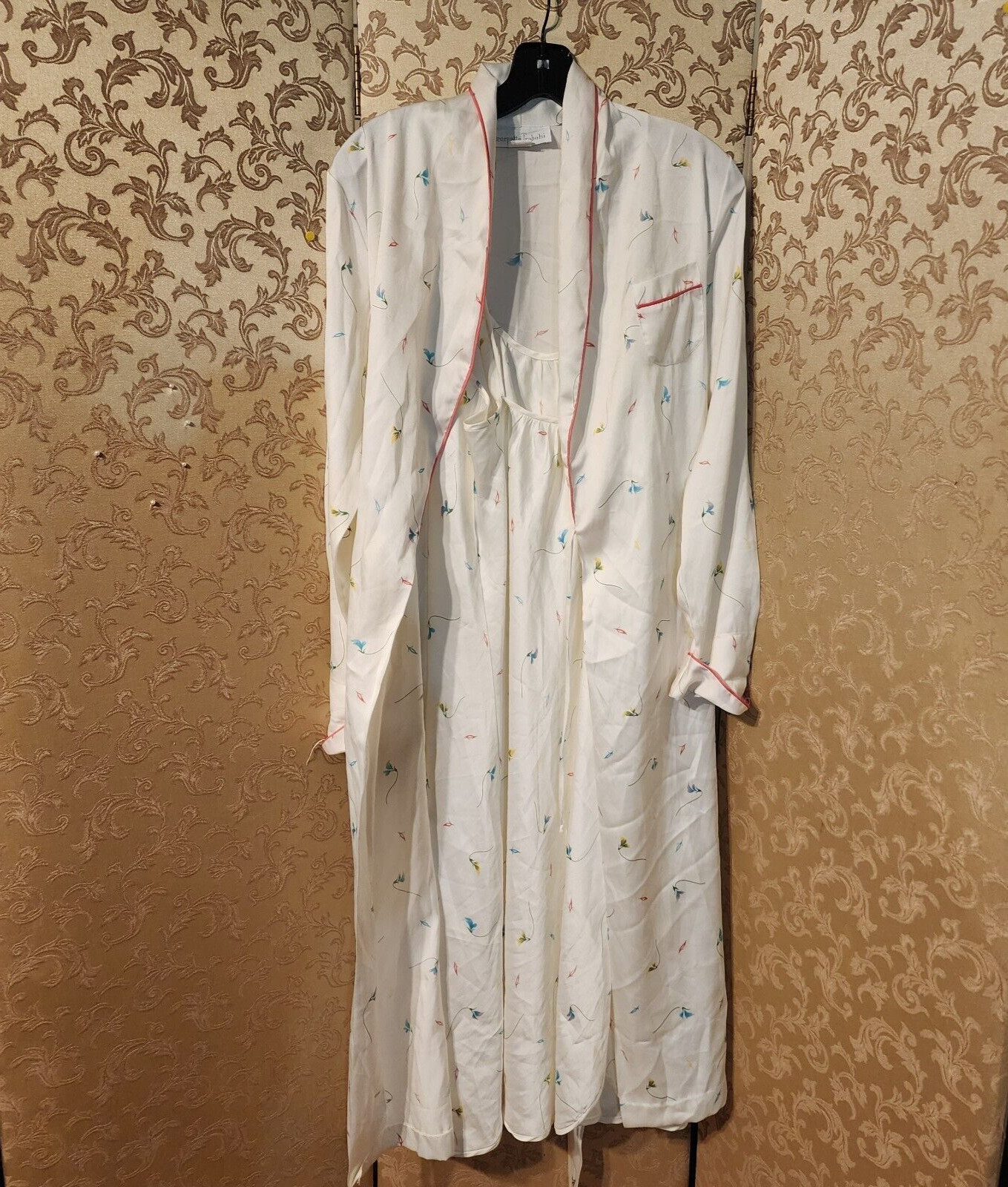 Georgette Trabolsi Vintage Ivory Multi-Color Floral Nightgown + Robe Size M